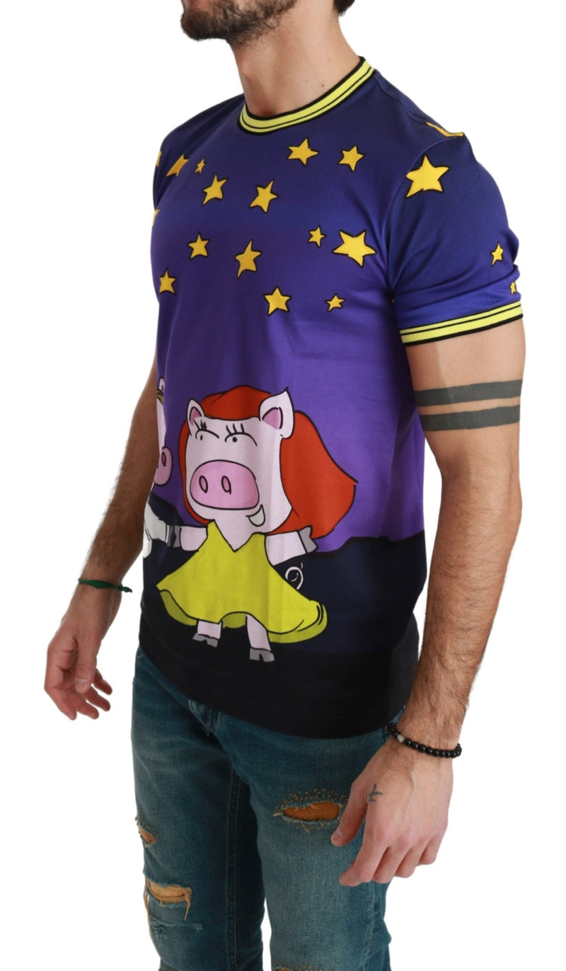 Dolce & Gabbana Purple Cotton Round Neck T-Shirt with Pig Motif