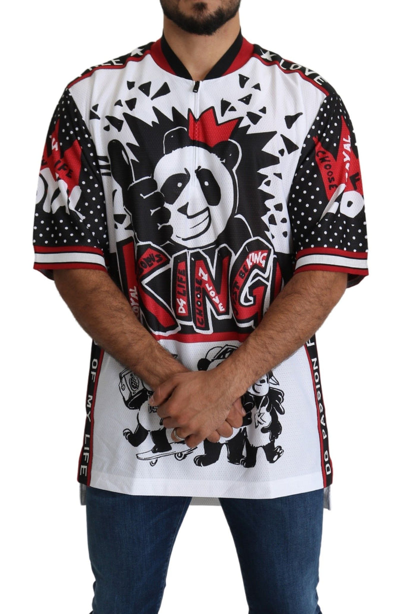 Dolce & Gabbana Chic White King Panda Print Zipper Collar Tee