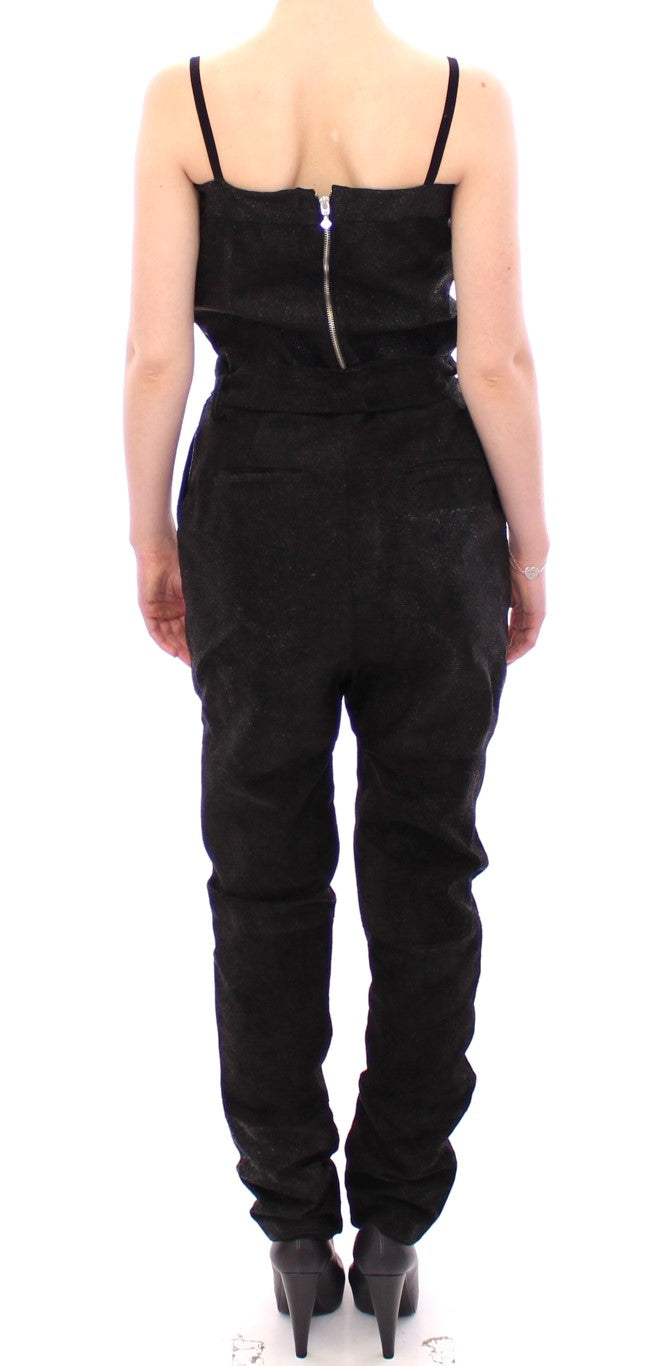 La Maison du Couturier Elegant Black Leather Jumpsuit with Waist Strap