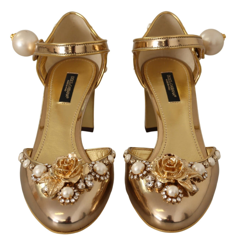 Dolce & Gabbana Elegant Gold Leather Block Heels with Crystals