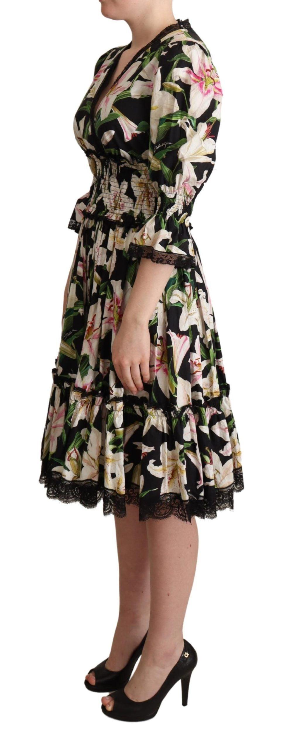 Dolce & Gabbana Elegant Lily Print Midi Dress with Lace Trim