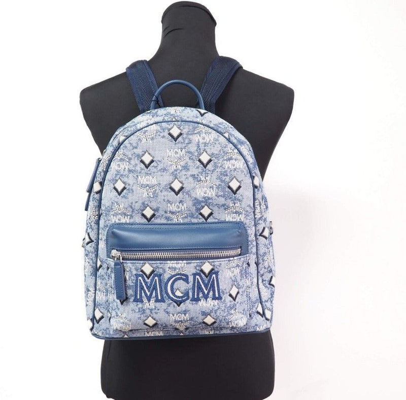 MCM Stark Small Blue Vintage Jacquard Monogram Logo Fabric Backpack Bookbag