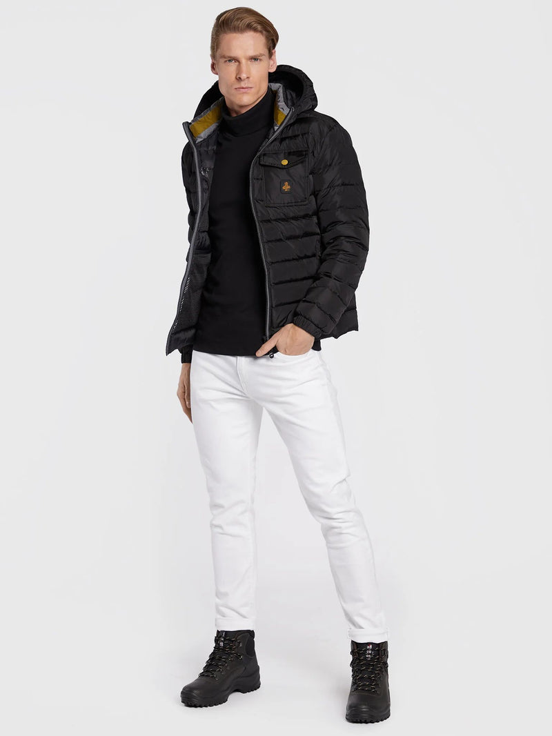 Refrigiwear Elegant Black Hooded Down Jacket with Chic Olive Accent