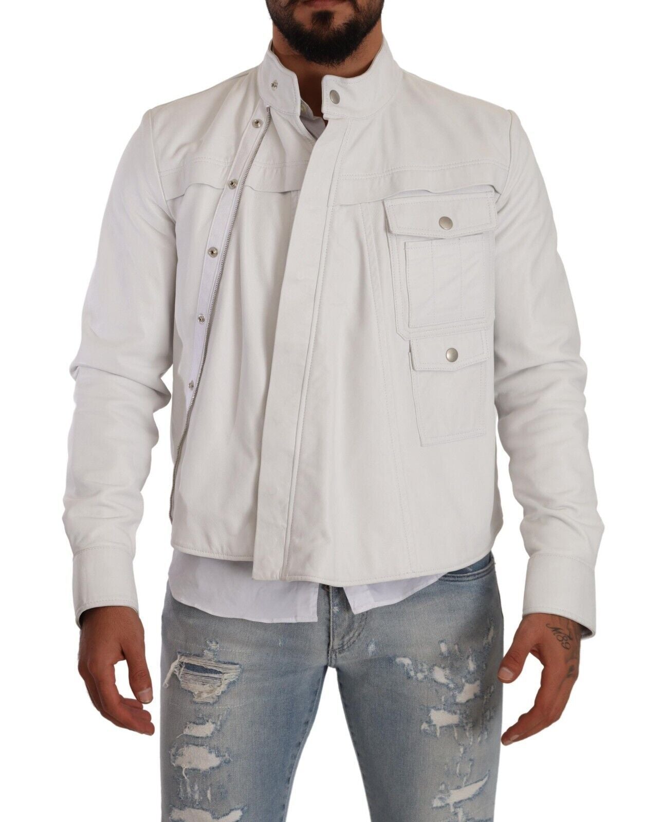 Exquisite White Leather Biker Jacket