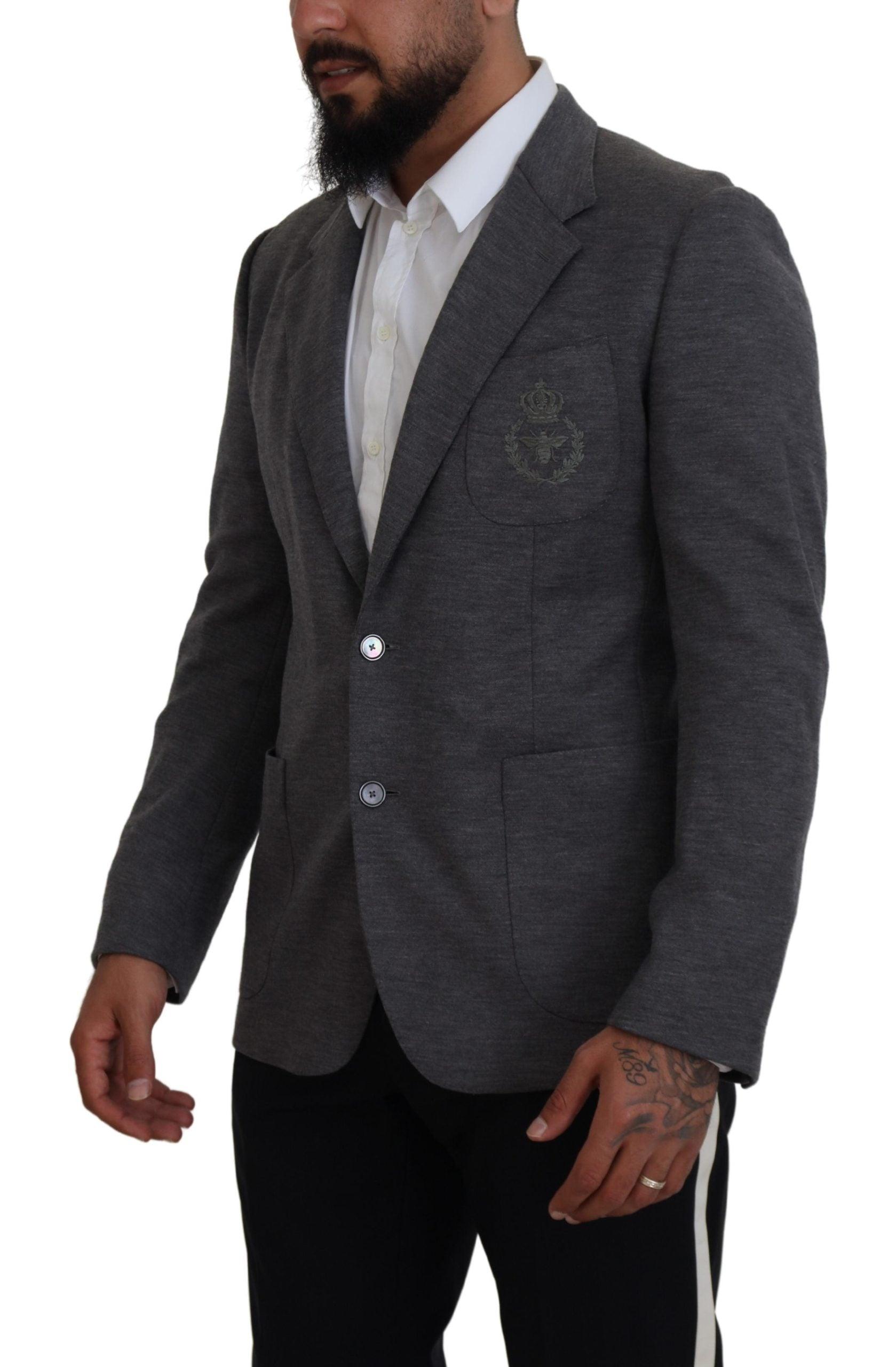 Dolce & Gabbana Elegant Gray Wool Blazer with Bee Crown Embroidery