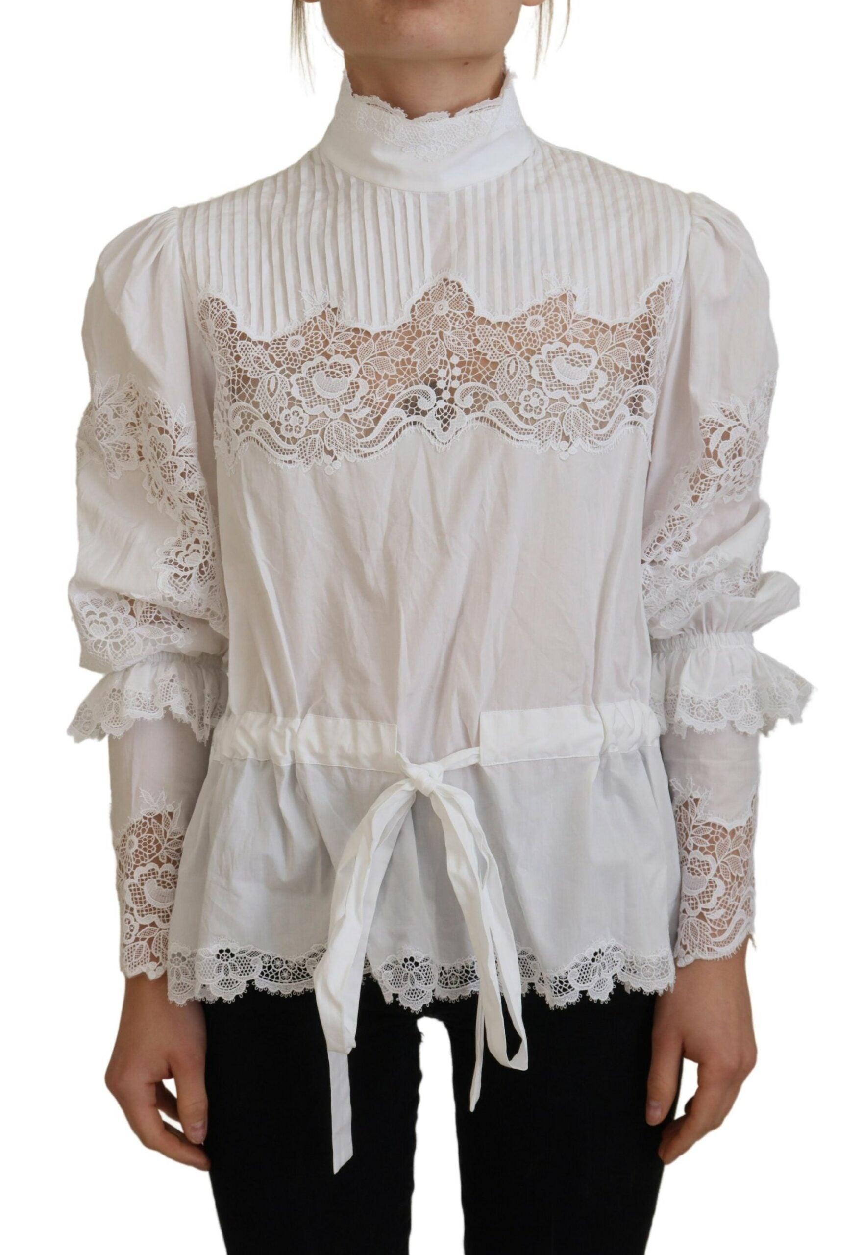 Dolce & Gabbana Elegant White Lace Trim Cotton Blouse