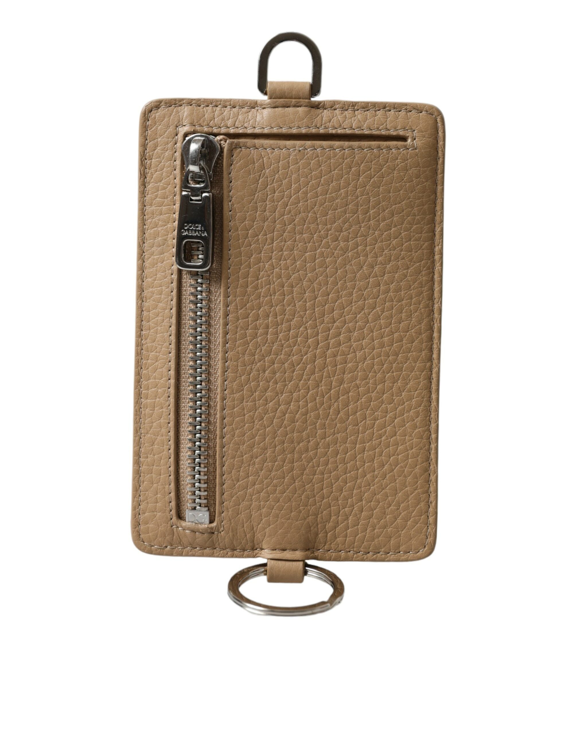 Beige Calf Leather Lanyard Logo Card Holder Wallet