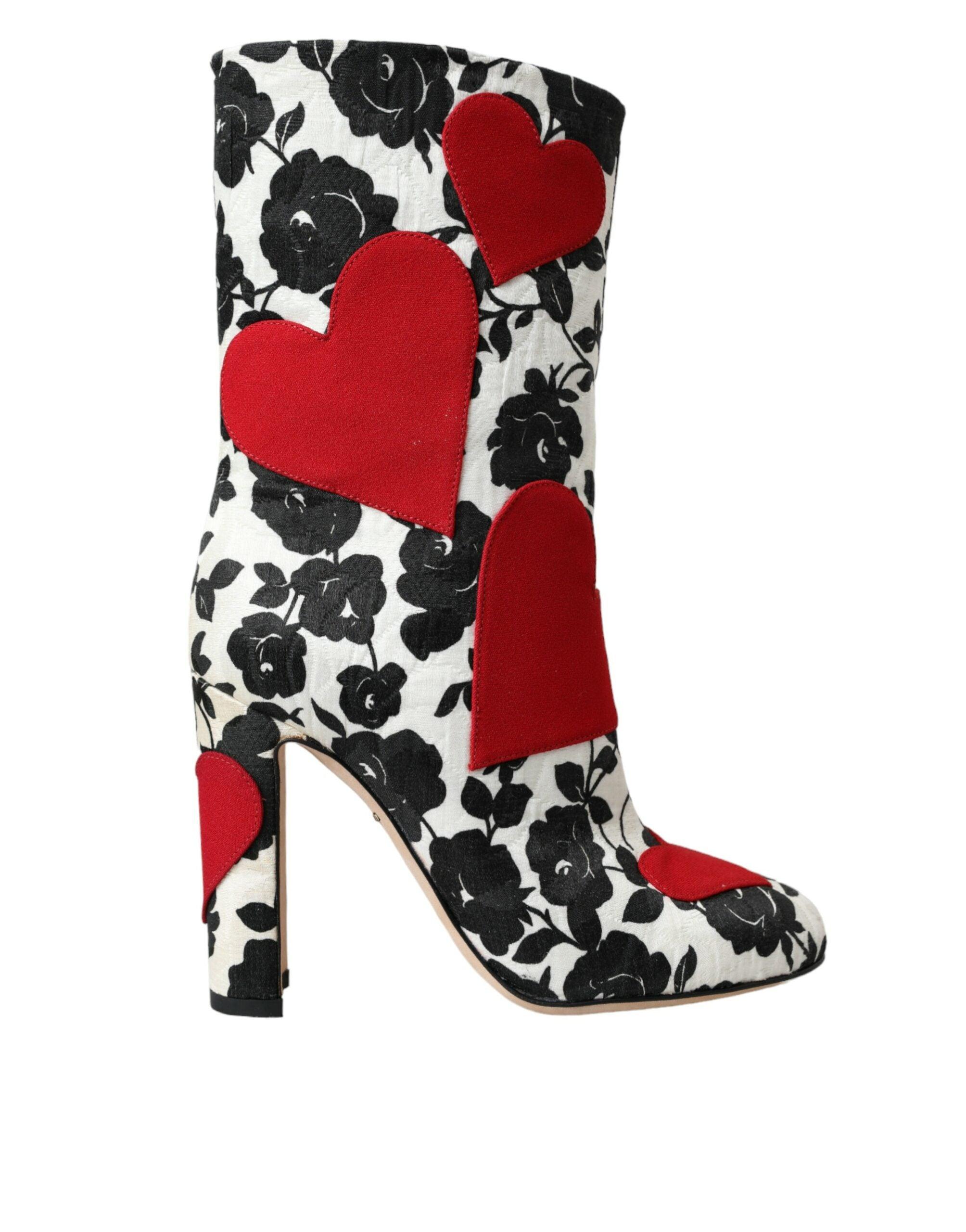 Dolce & Gabbana White Floral Hearts Leather High Boots Shoes