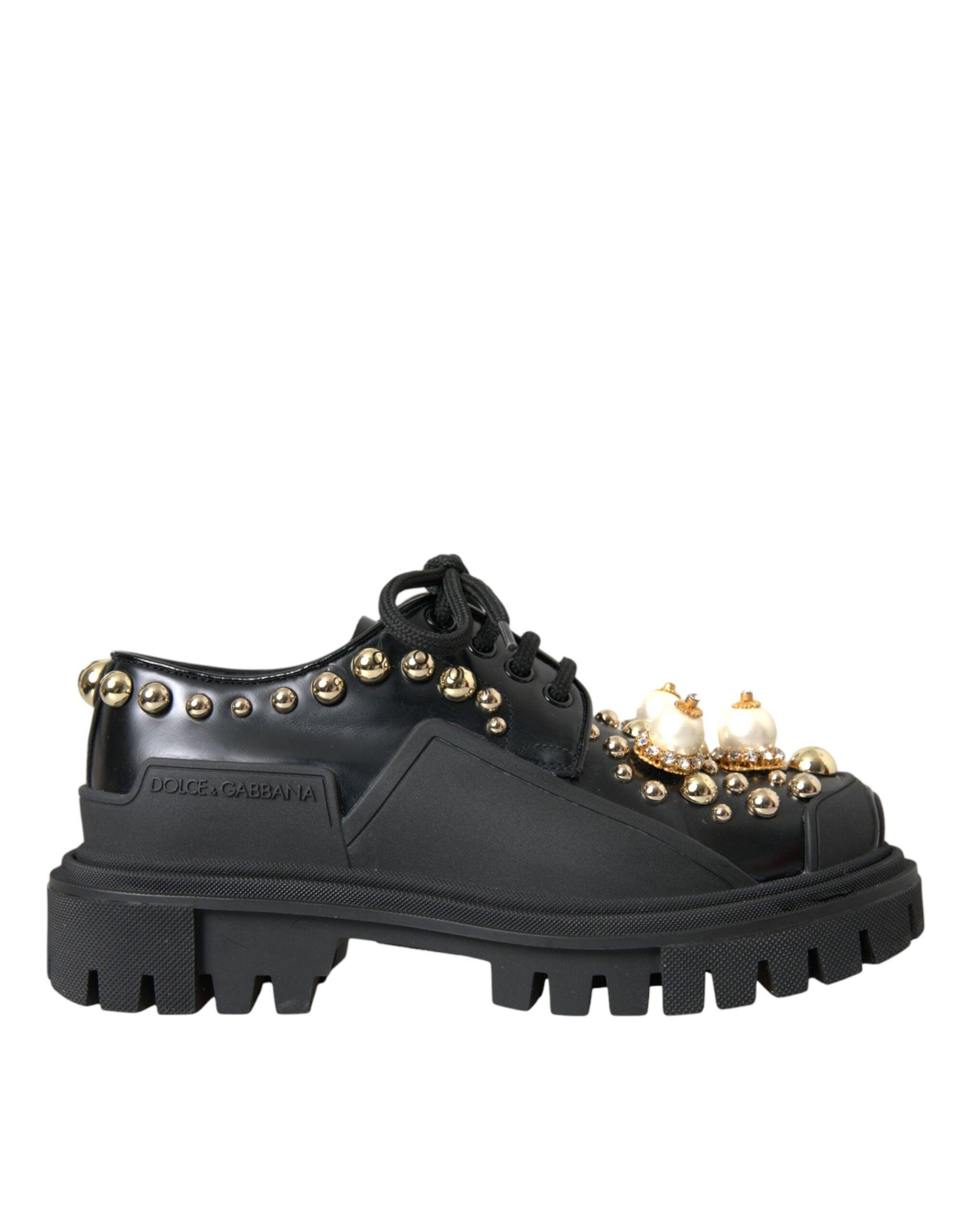 Dolce & Gabbana Black Leather Trekking Derby Embellished Shoes