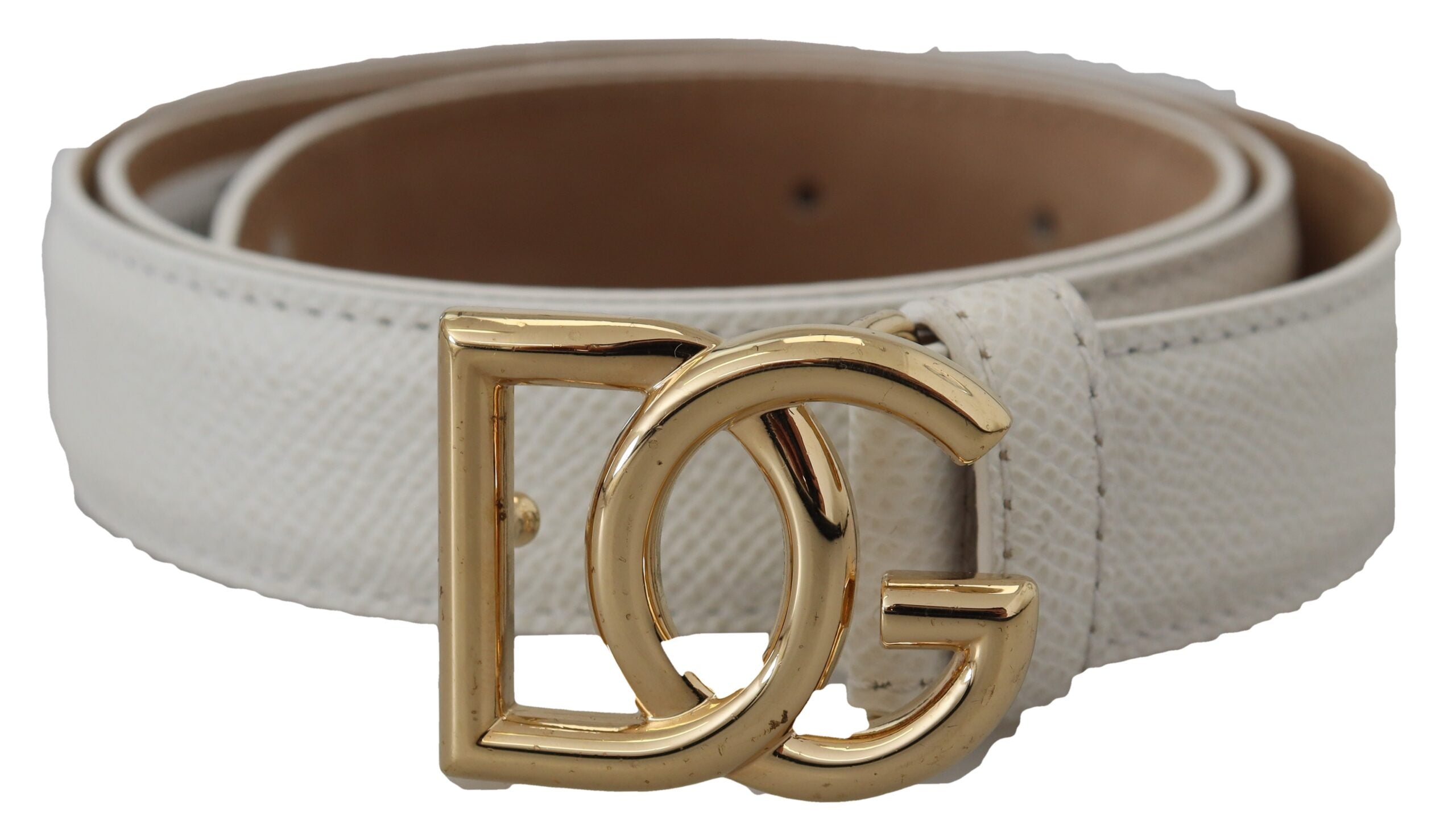 White Leather Gold DG Logo Buckle Belt Women