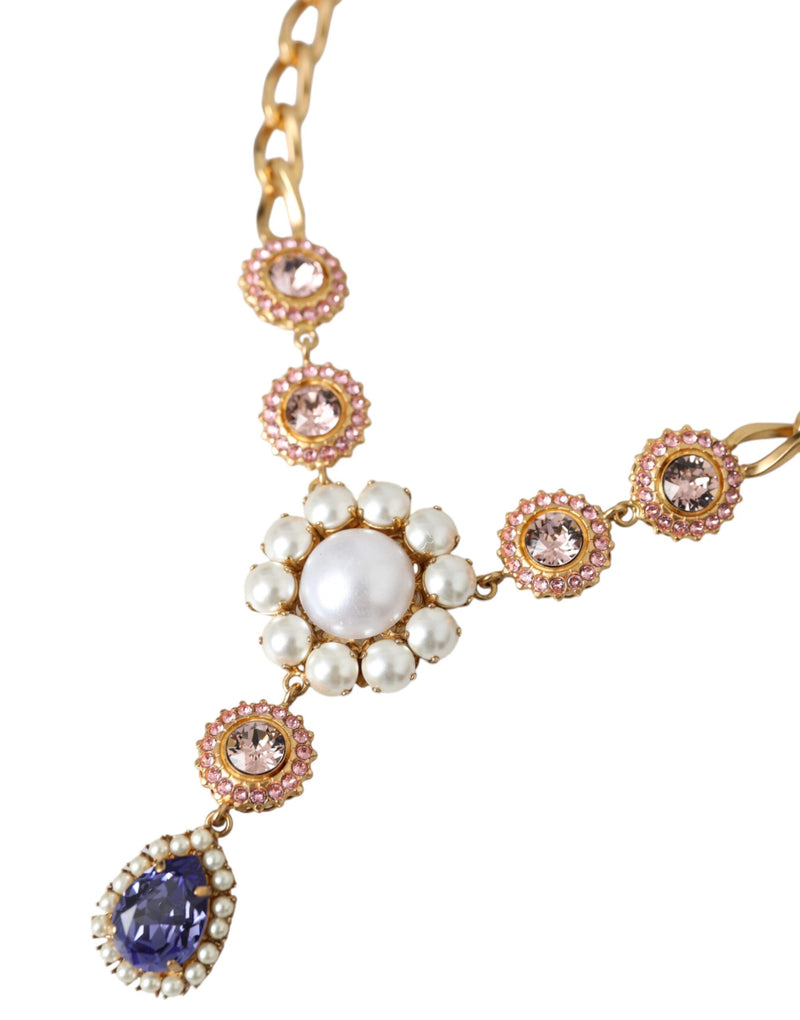 Dolce & Gabbana Gold Brass Crystal Purple Pink Pearl Pendants Necklace