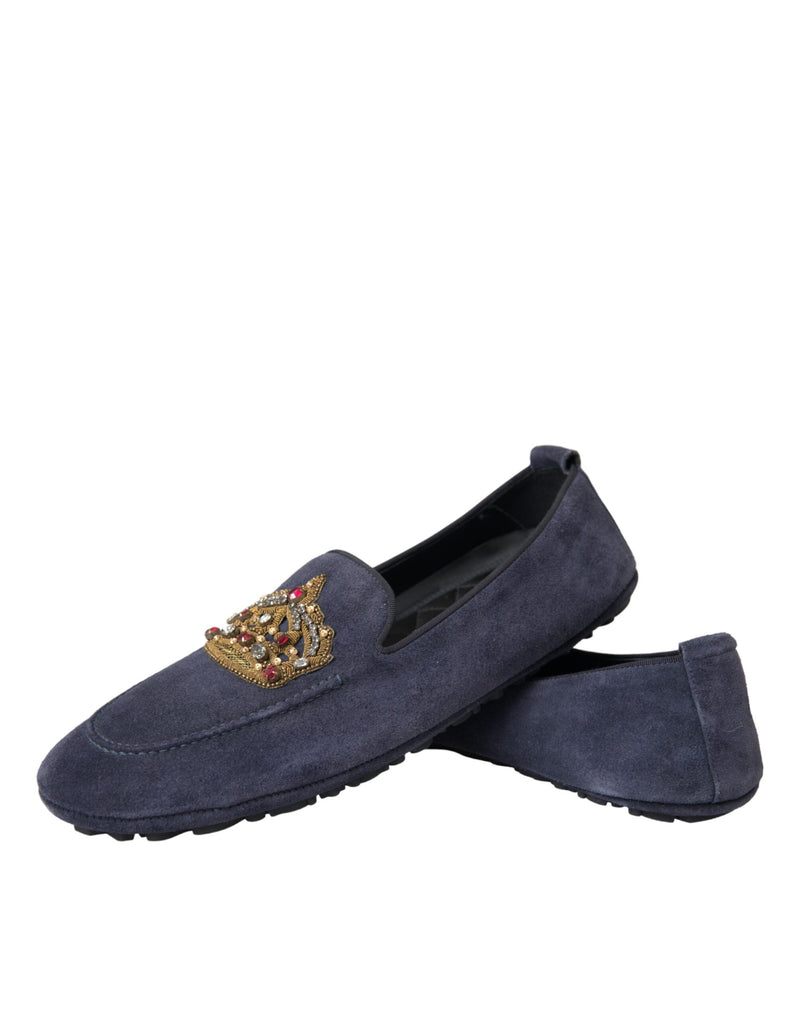 Dolce & Gabbana Blue Leather Suede Crystal Crown Loafers Shoes