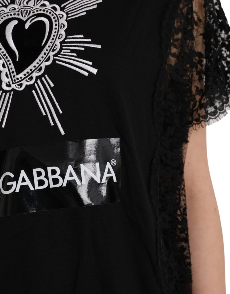 Dolce & Gabbana Black Sacred Heart Print Cotton Lace T-shirt