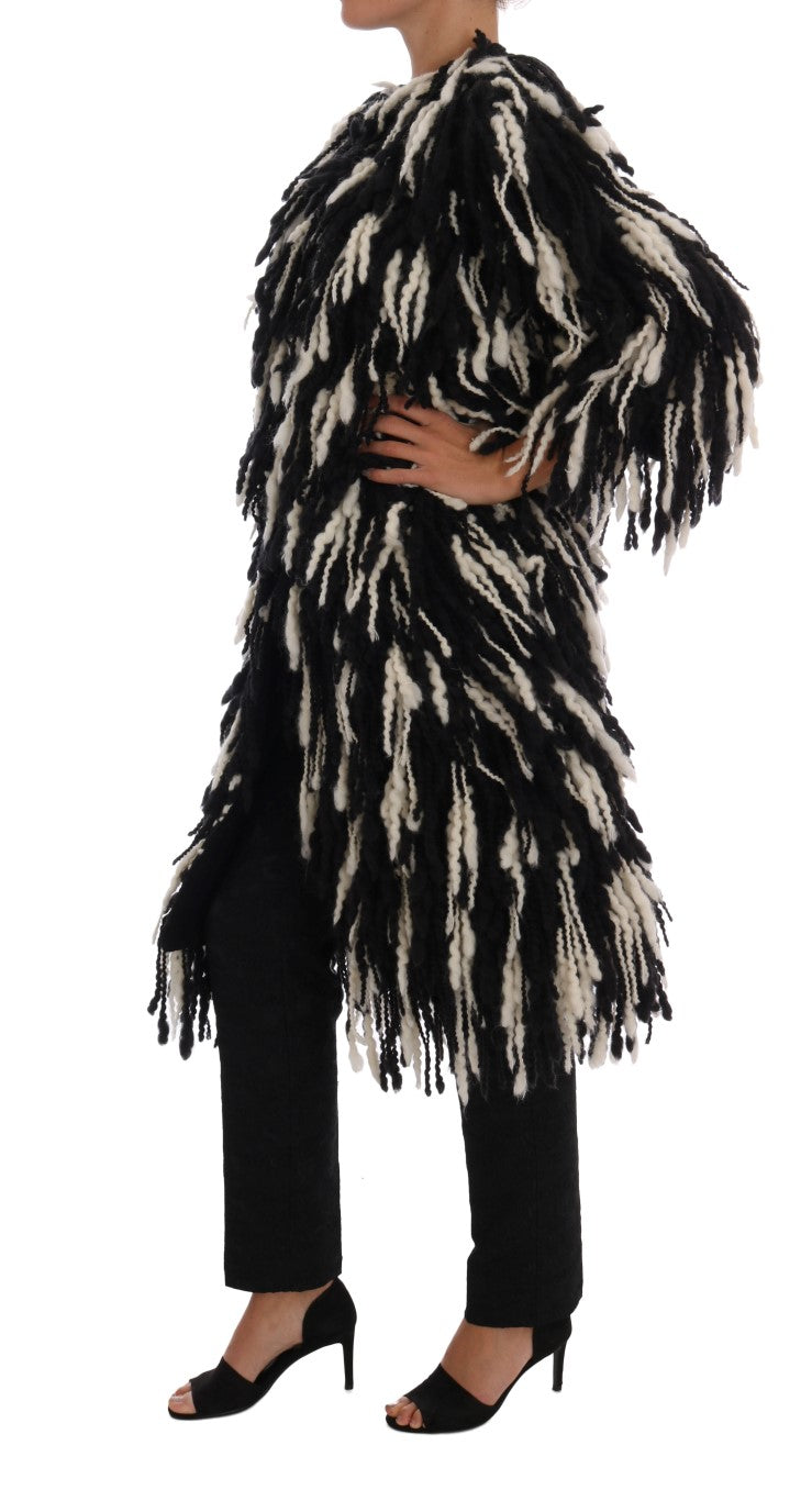 Dolce & Gabbana Black and White Fringed Wool Coat Jacket