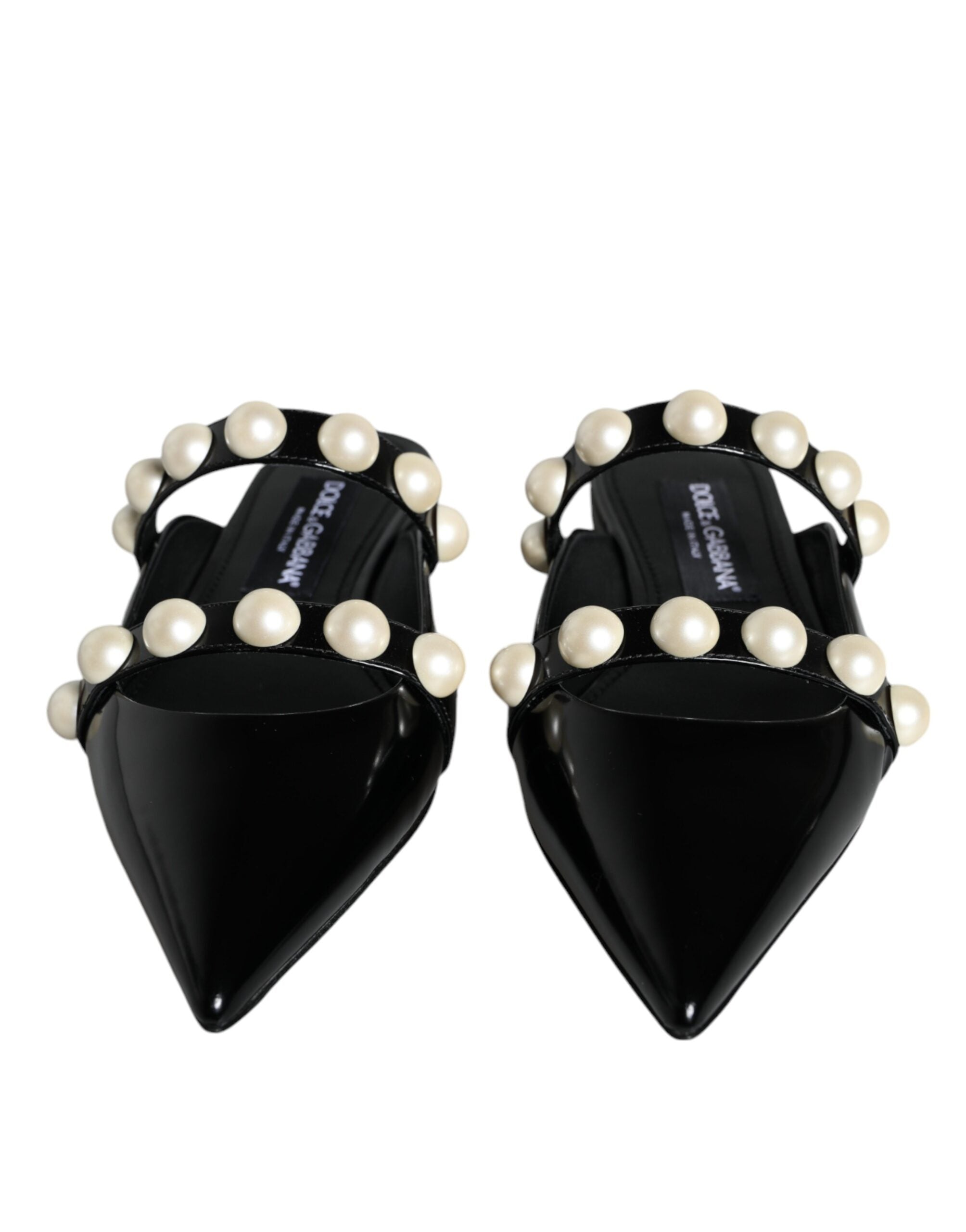 Black Leather Pearls Slides Sandals Shoes