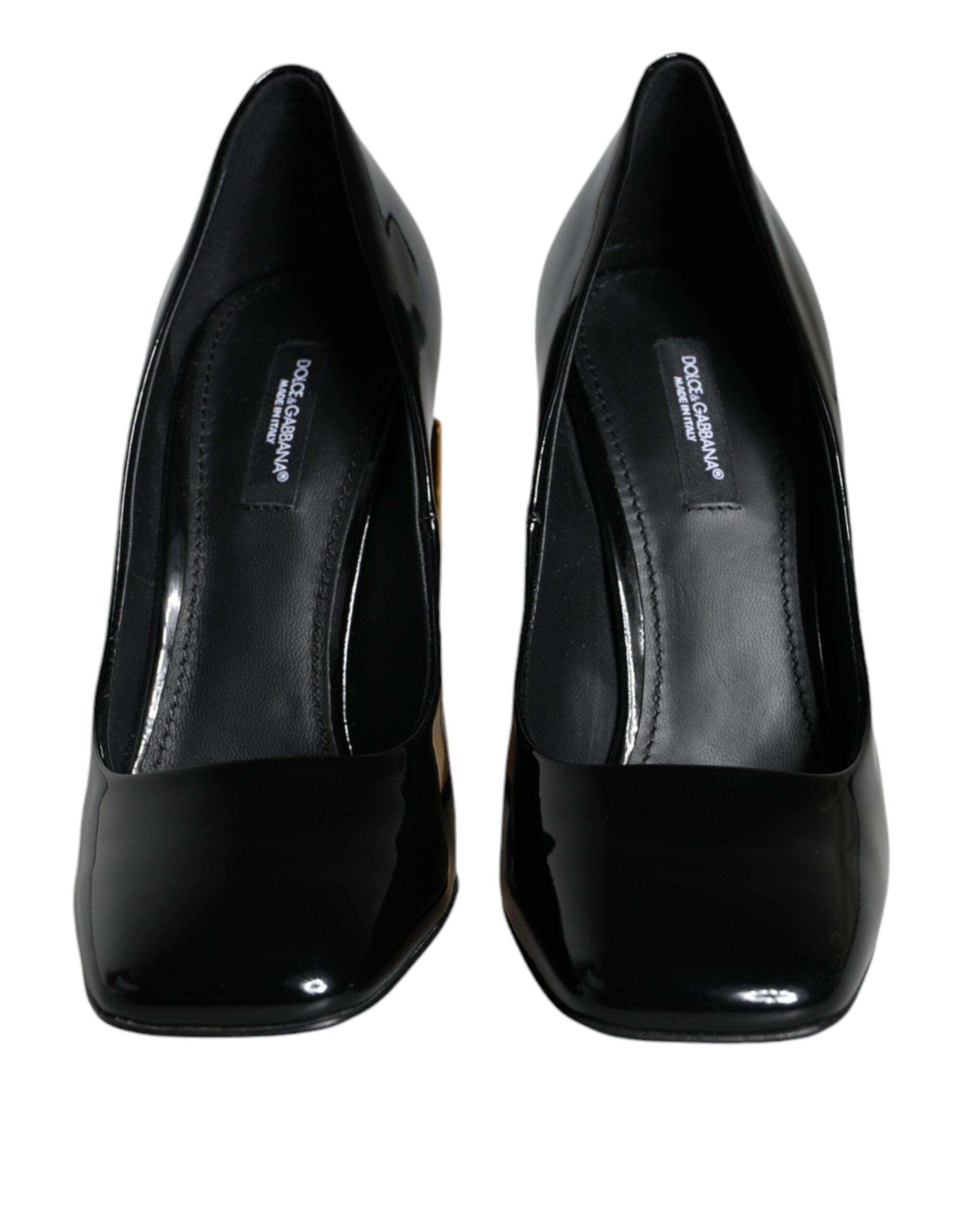 Dolce & Gabbana Black Gold Patent Leather Logo Heels Pumps Shoes