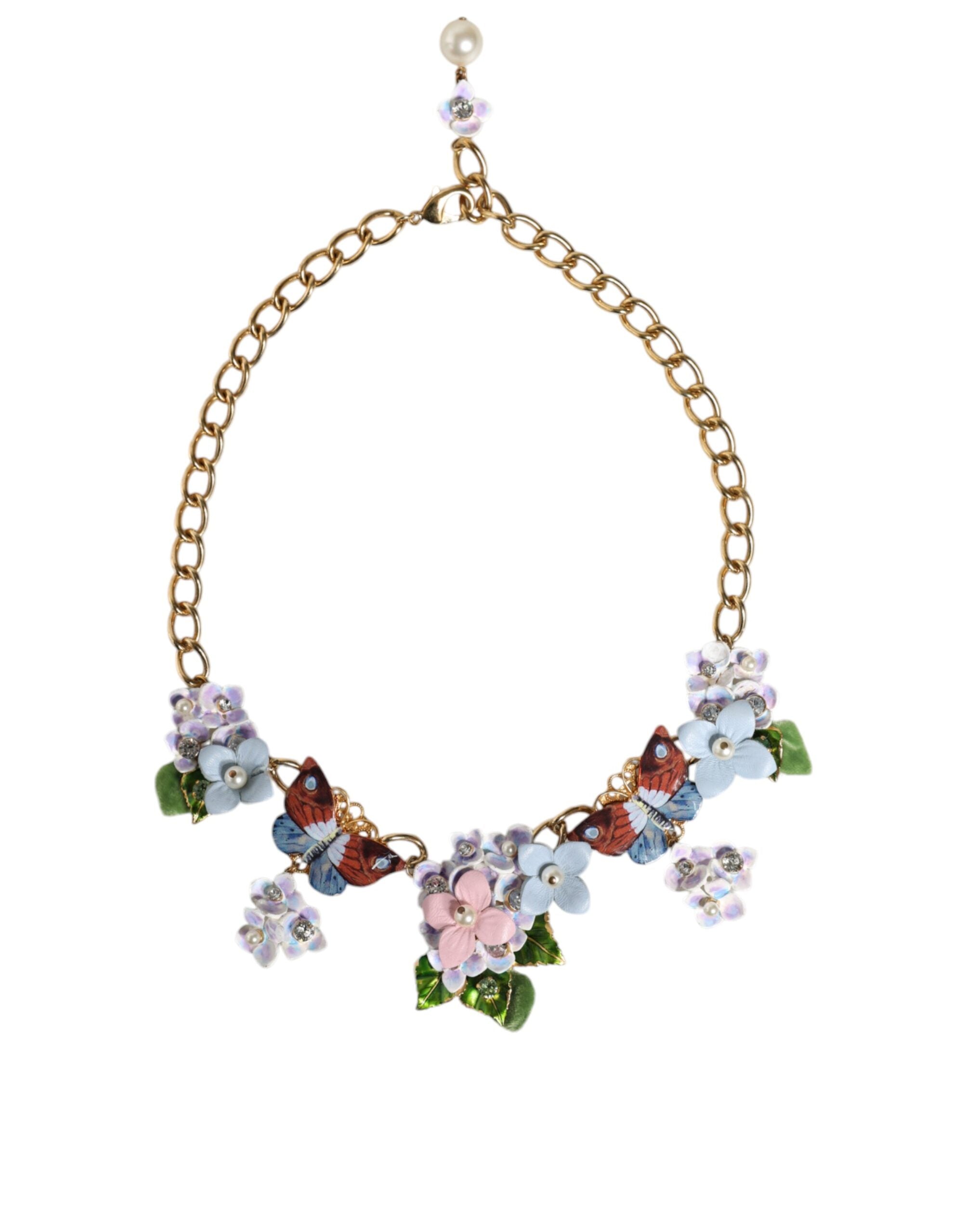 Multicolor Floral Decor Crystal Gold Brass Chain Necklace