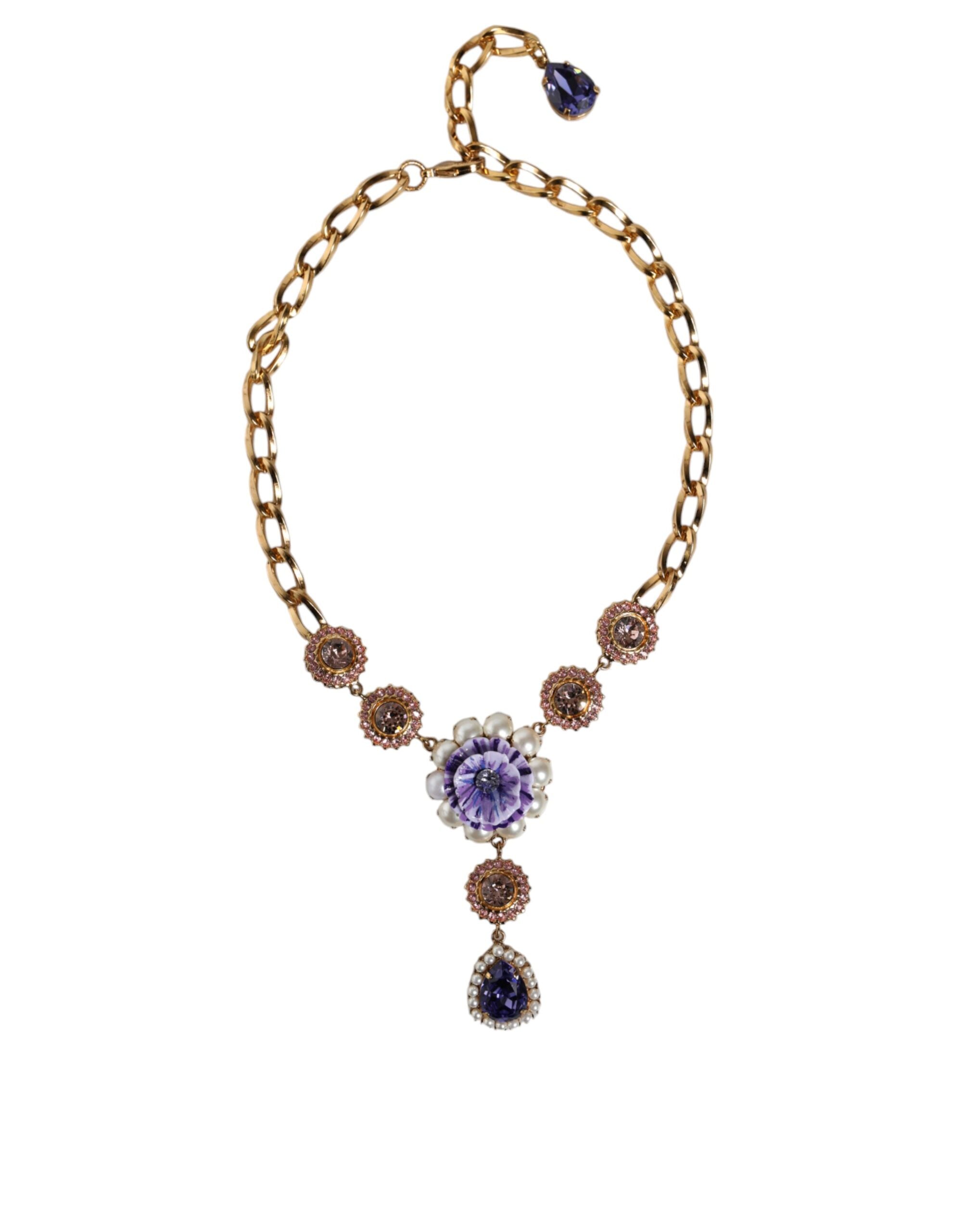 Gold Brass Crystal Purple Pink Pearl Pendants Necklace