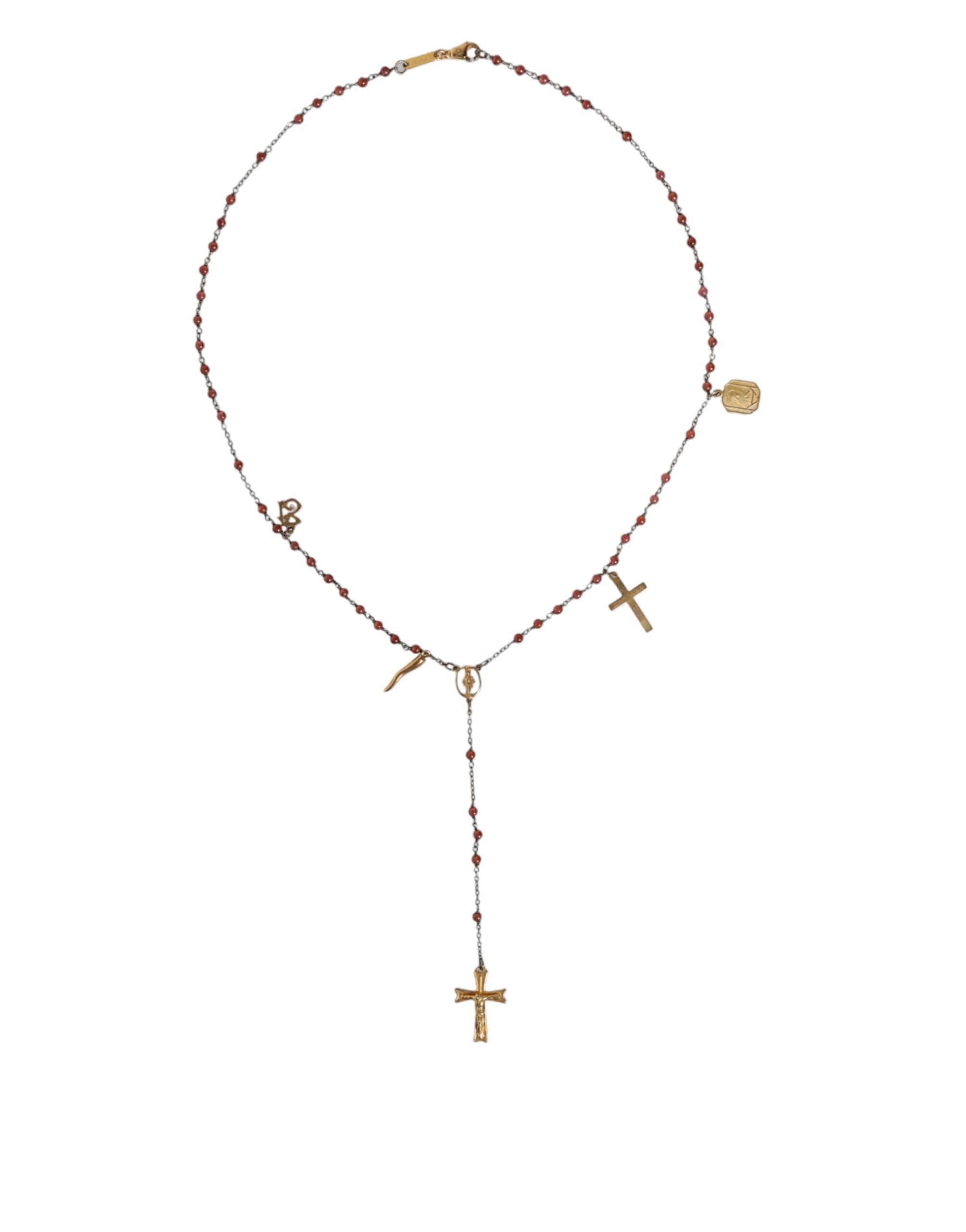 Gold Chain Brass Beaded Rosary Cross Pendant Necklace