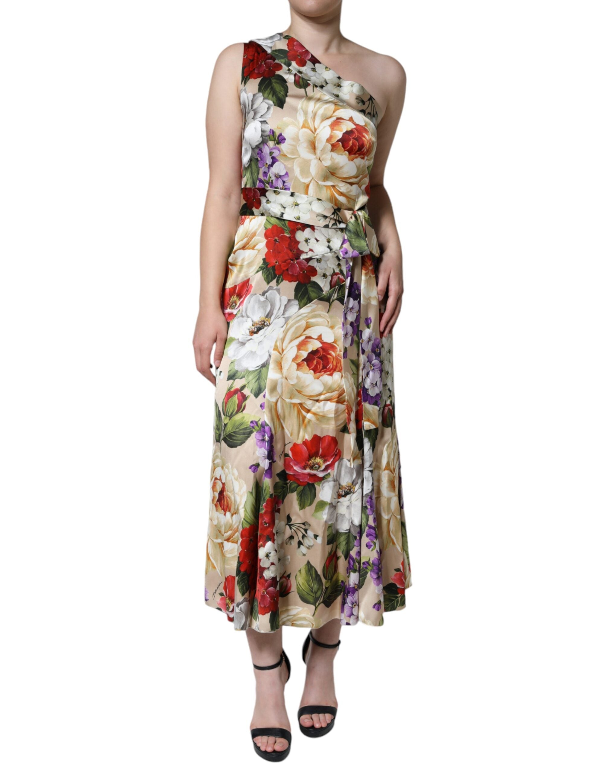 Multicolor Floral Silk Stretch One Shoulder Dress