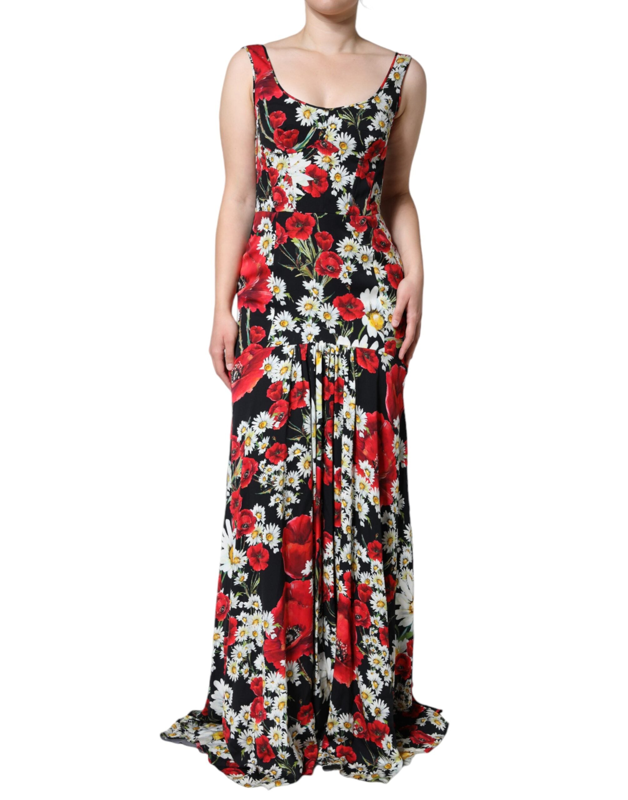 Black Floral Silk Sleeveless Long Gown Dress