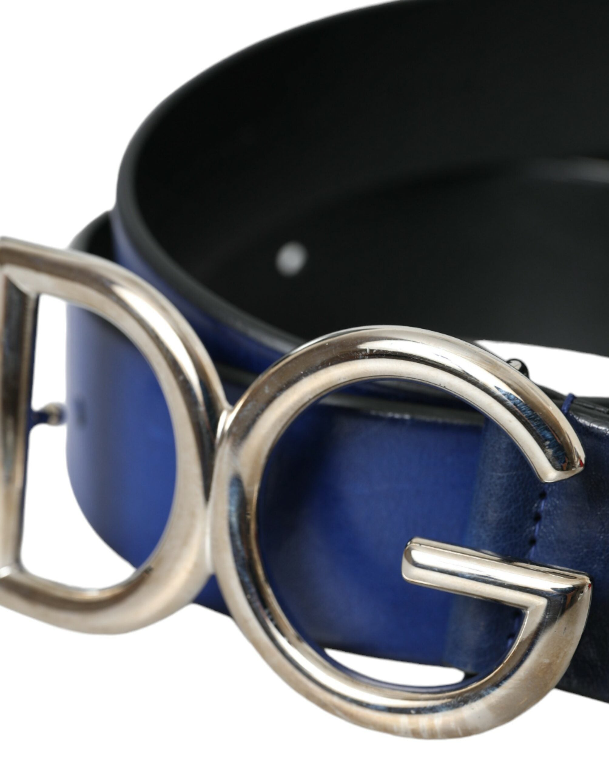 Blue Leather Silver Metal Logo Buckle Belt Men - Divitiae Glamour
