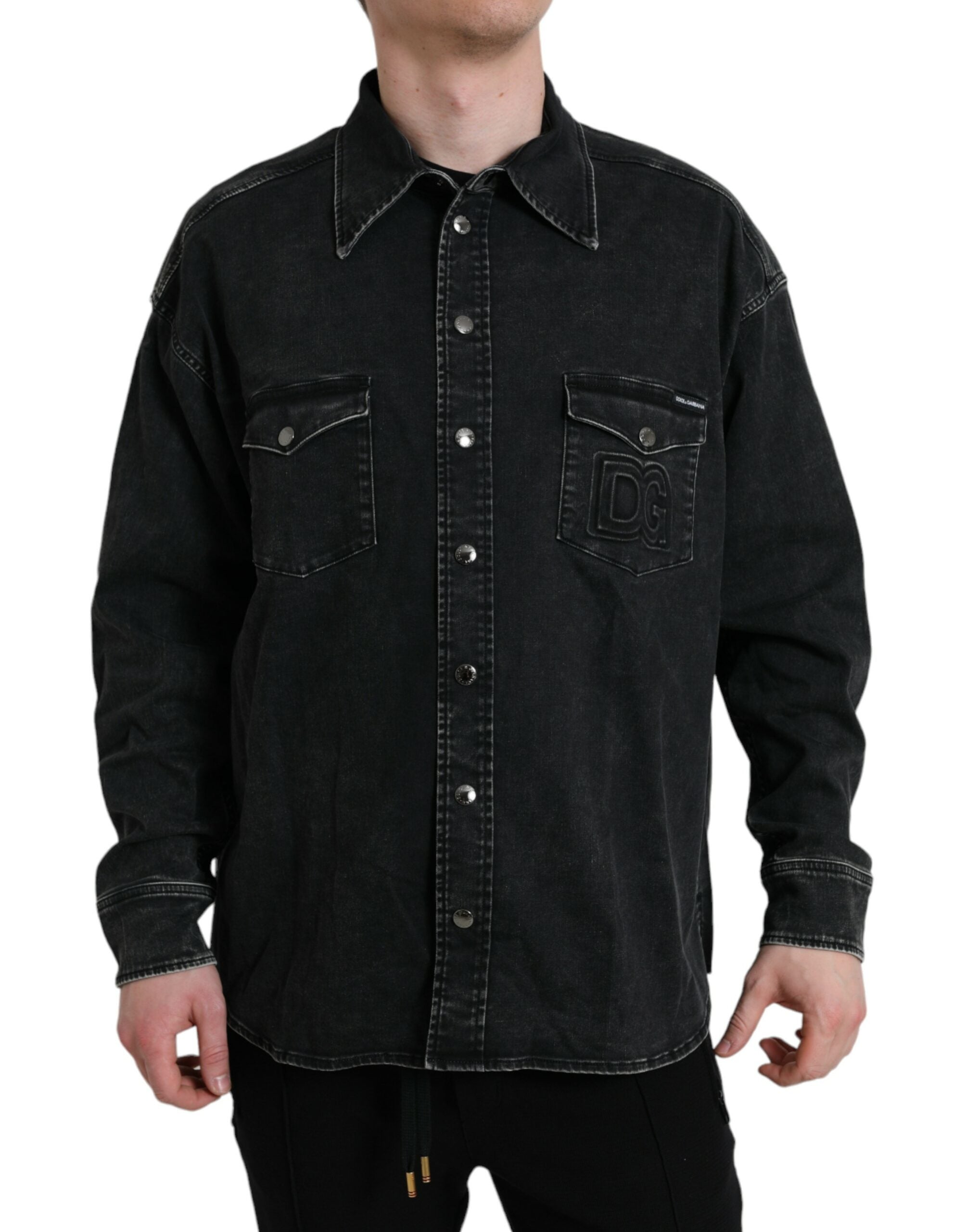 Black Cotton Long Sleeve Denim Casual Shirt - Divitiae Glamour