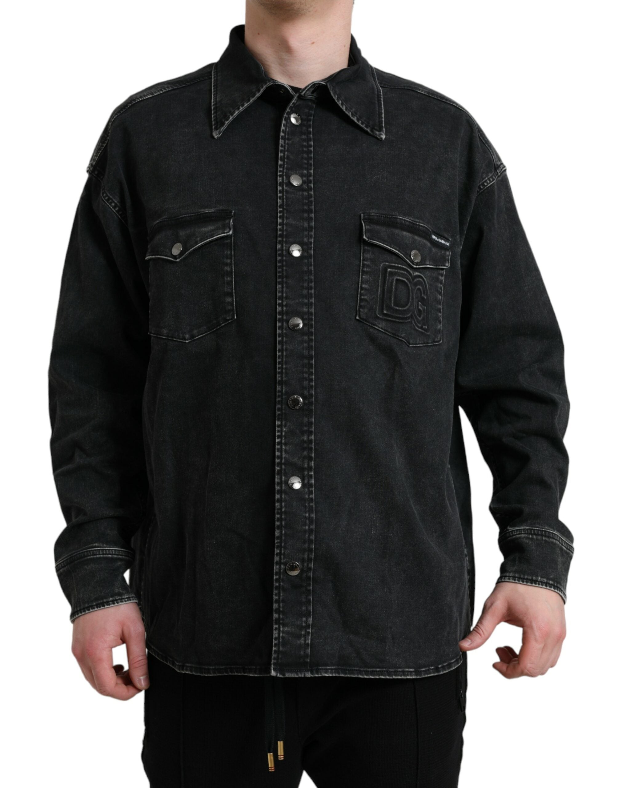 Black Cotton Long Sleeve Denim Casual Shirt - Divitiae Glamour