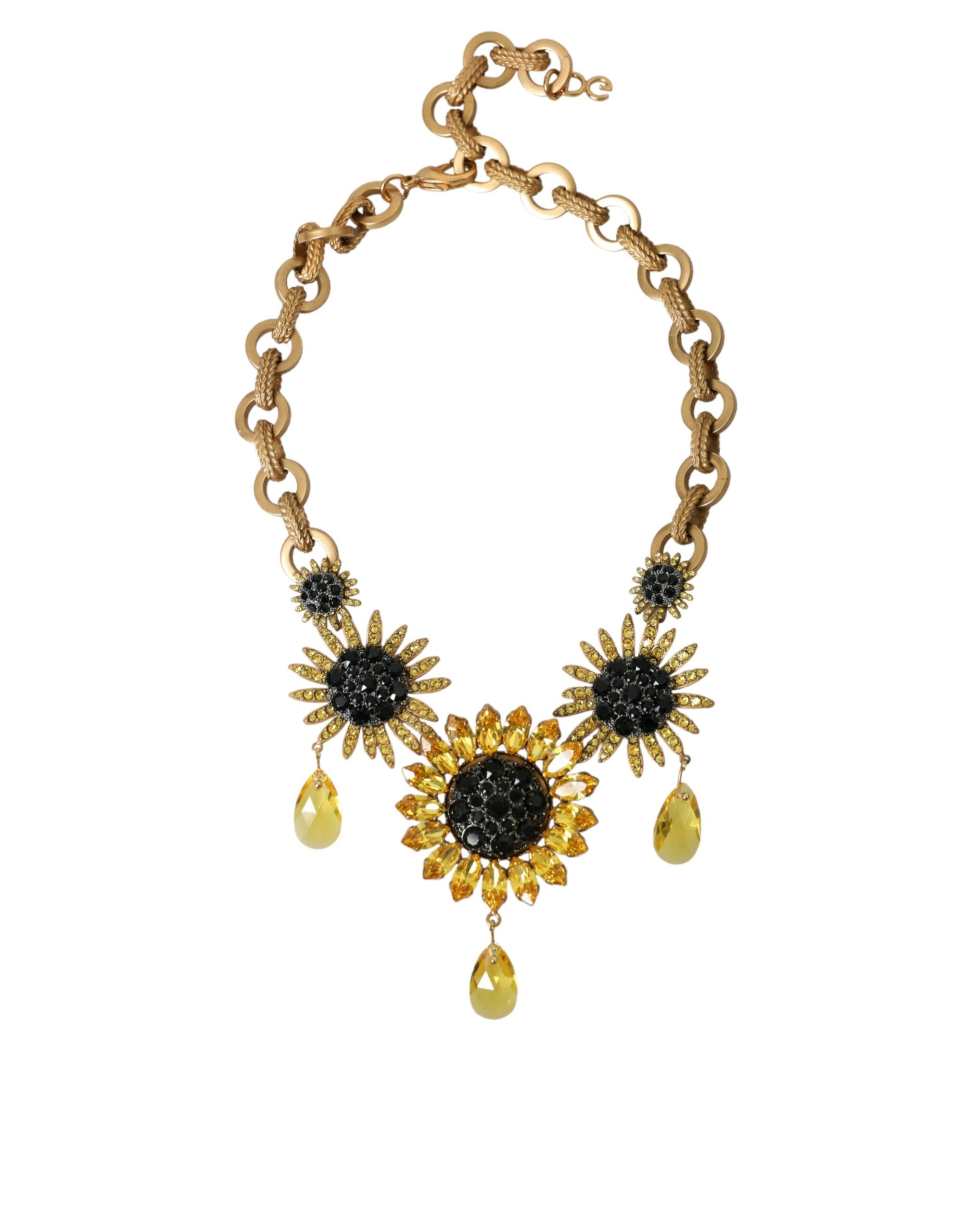 Gold Tone Brass Sunflower Crystal Embellished Necklace - Divitiae Glamour