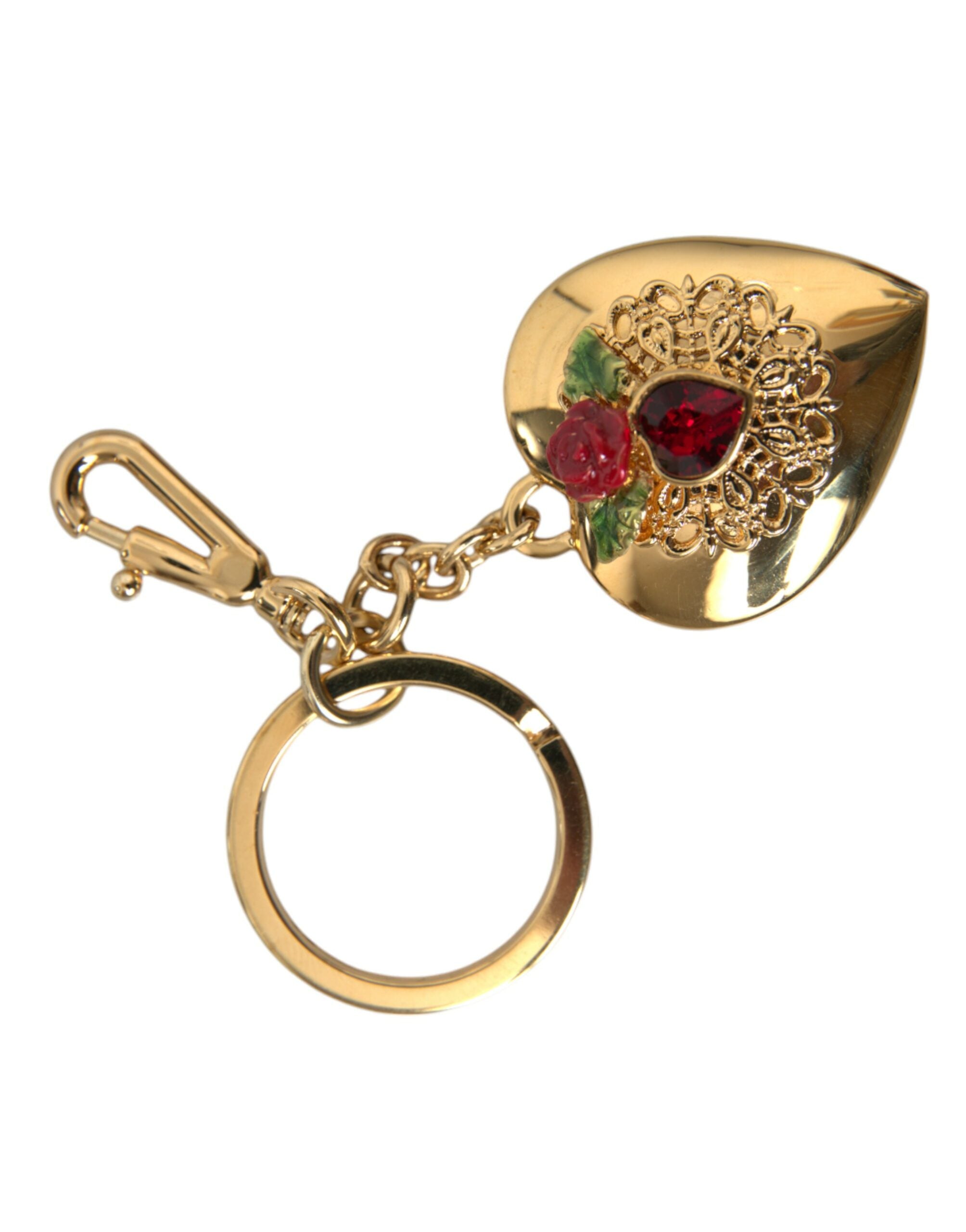 Metallic Gold Brass Heart Floral Pendant Keychain Keyring - Divitiae Glamour