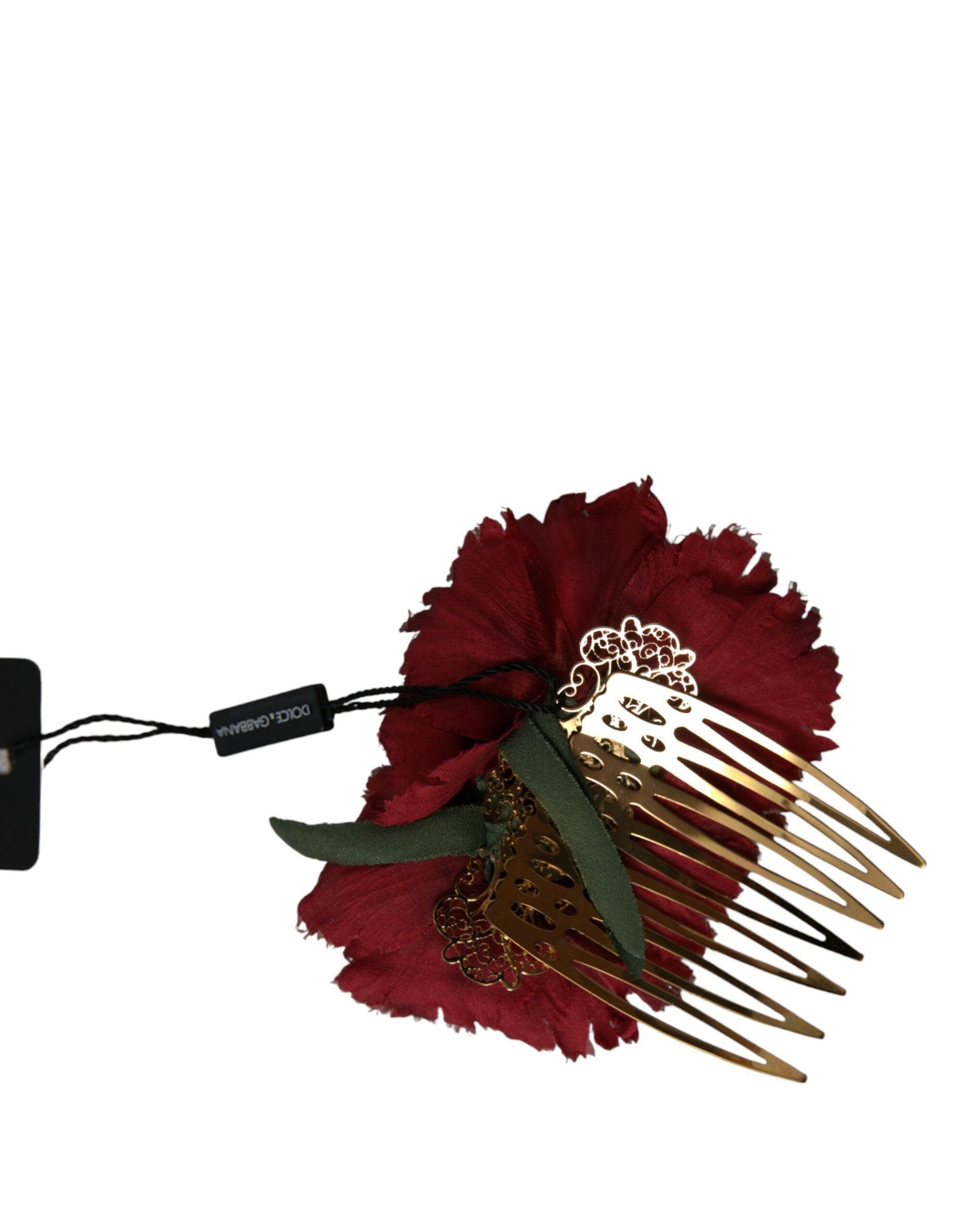 Red Silk Floral Gold Brass Women Hair Comb - Divitiae Glamour