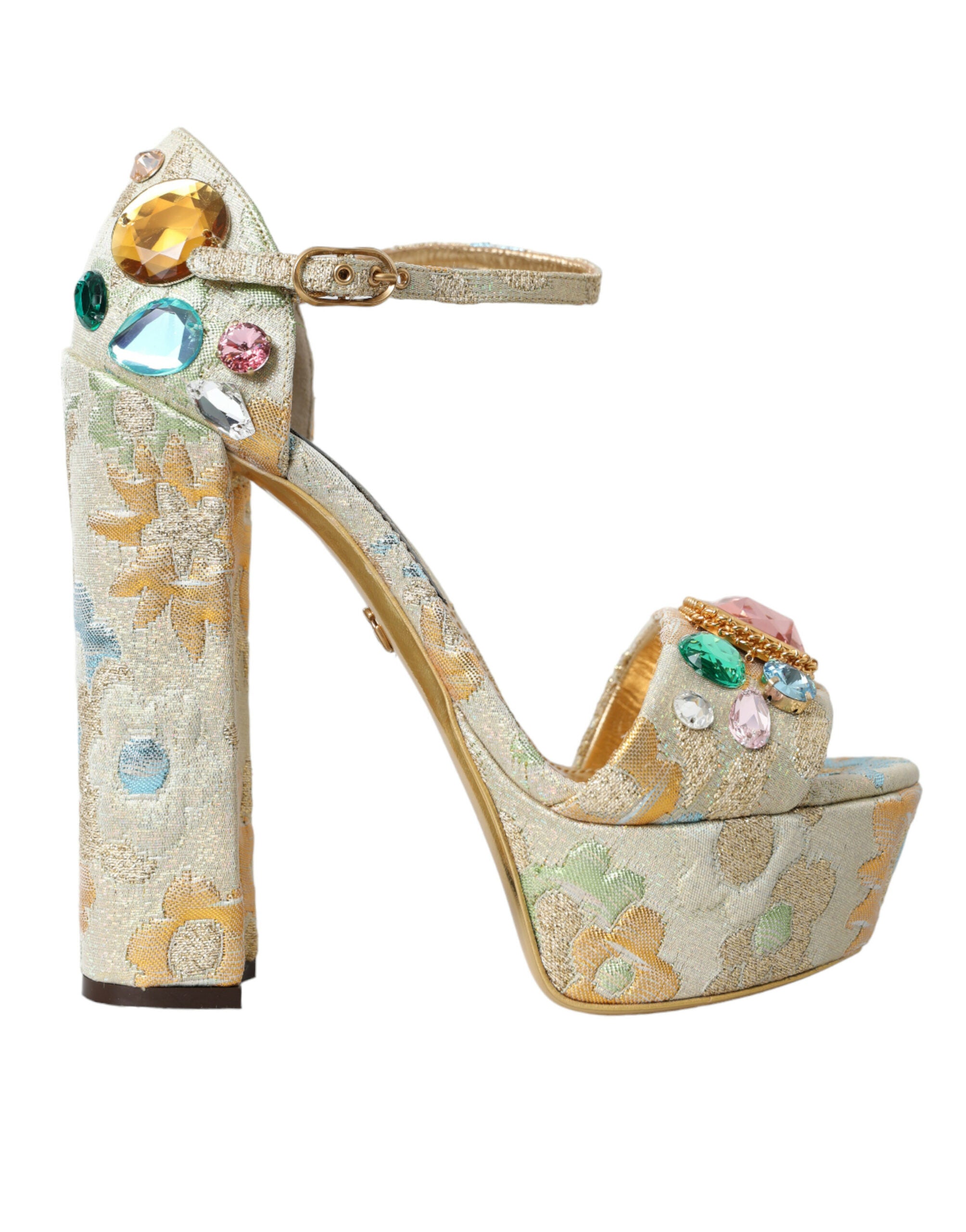 Gold Floral Jacquard Crystal Sandals Shoes - Divitiae Glamour