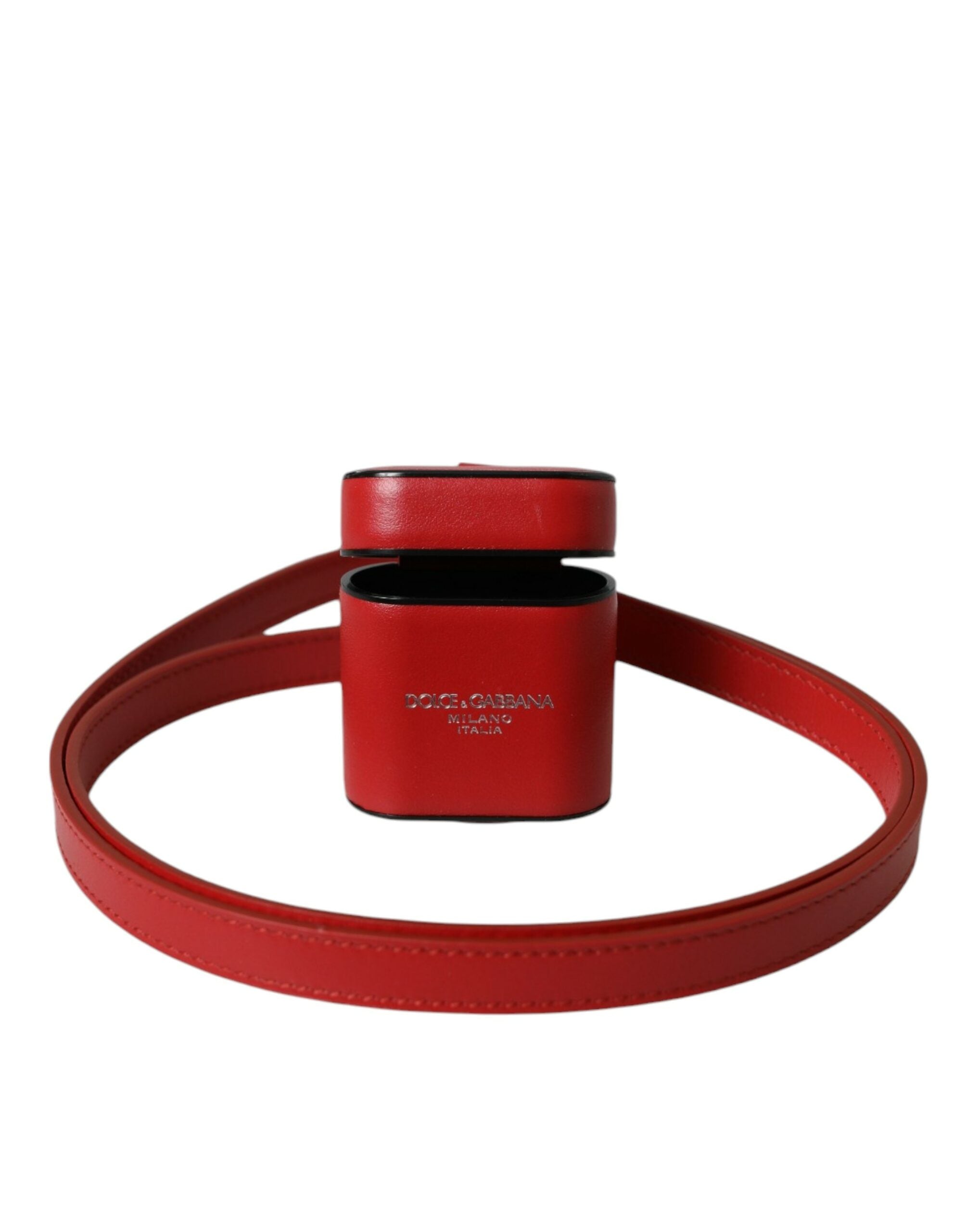 Red Calfskin Leather Logo Print Strap Men Airpods Case - Divitiae Glamour