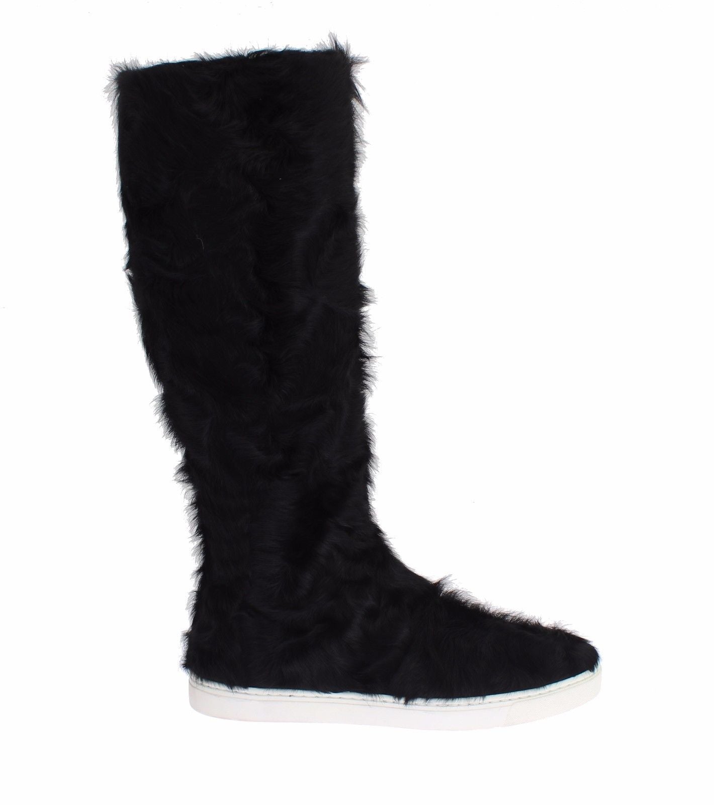 Elegant Black Fur Leather Flat Sneaker Boots - Divitiae Glamour