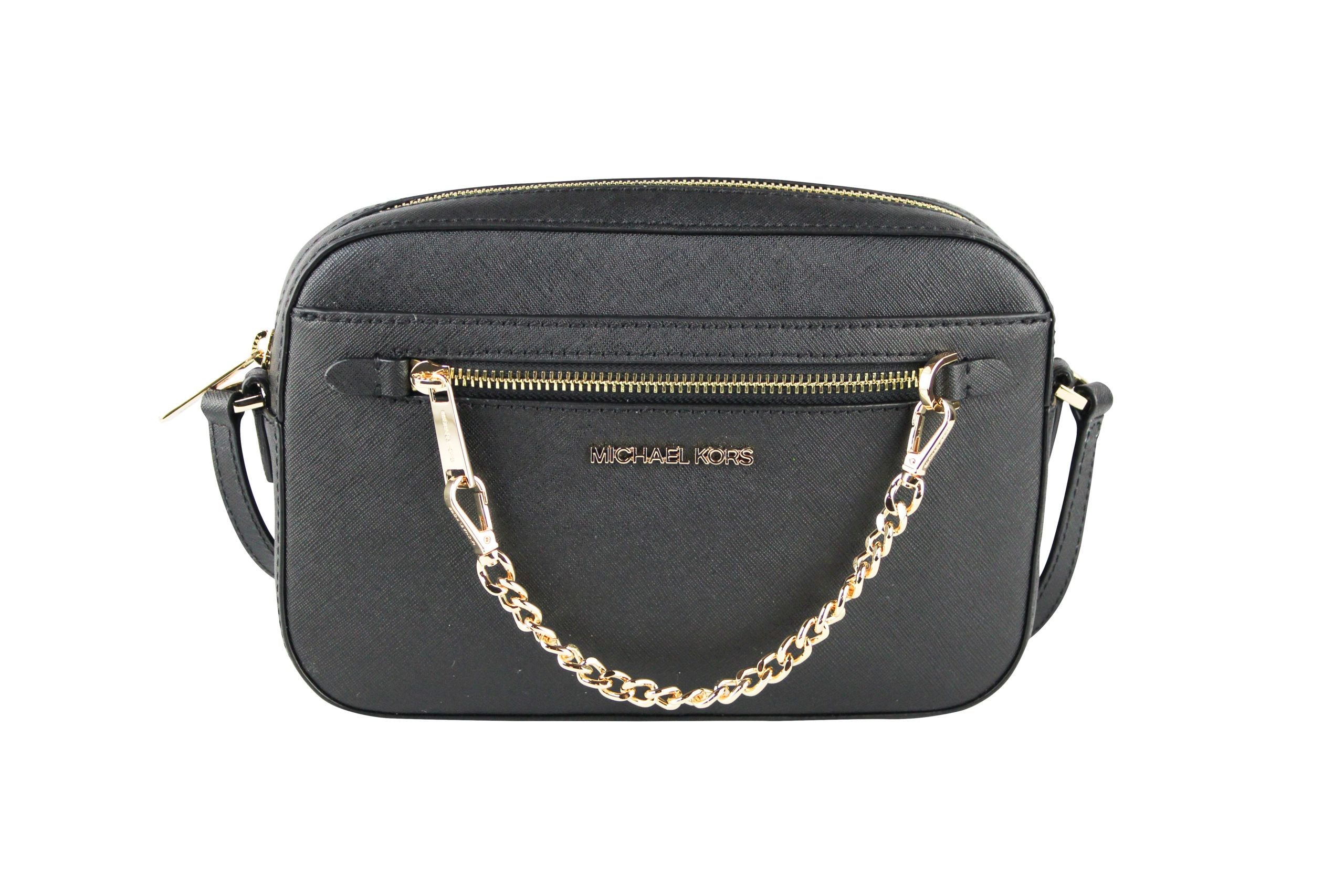 Jet Set Item Large East West Saffiano Leather Zip Chain Crossbody Handbag (Black Solid/Gold) - Divitiae Glamour
