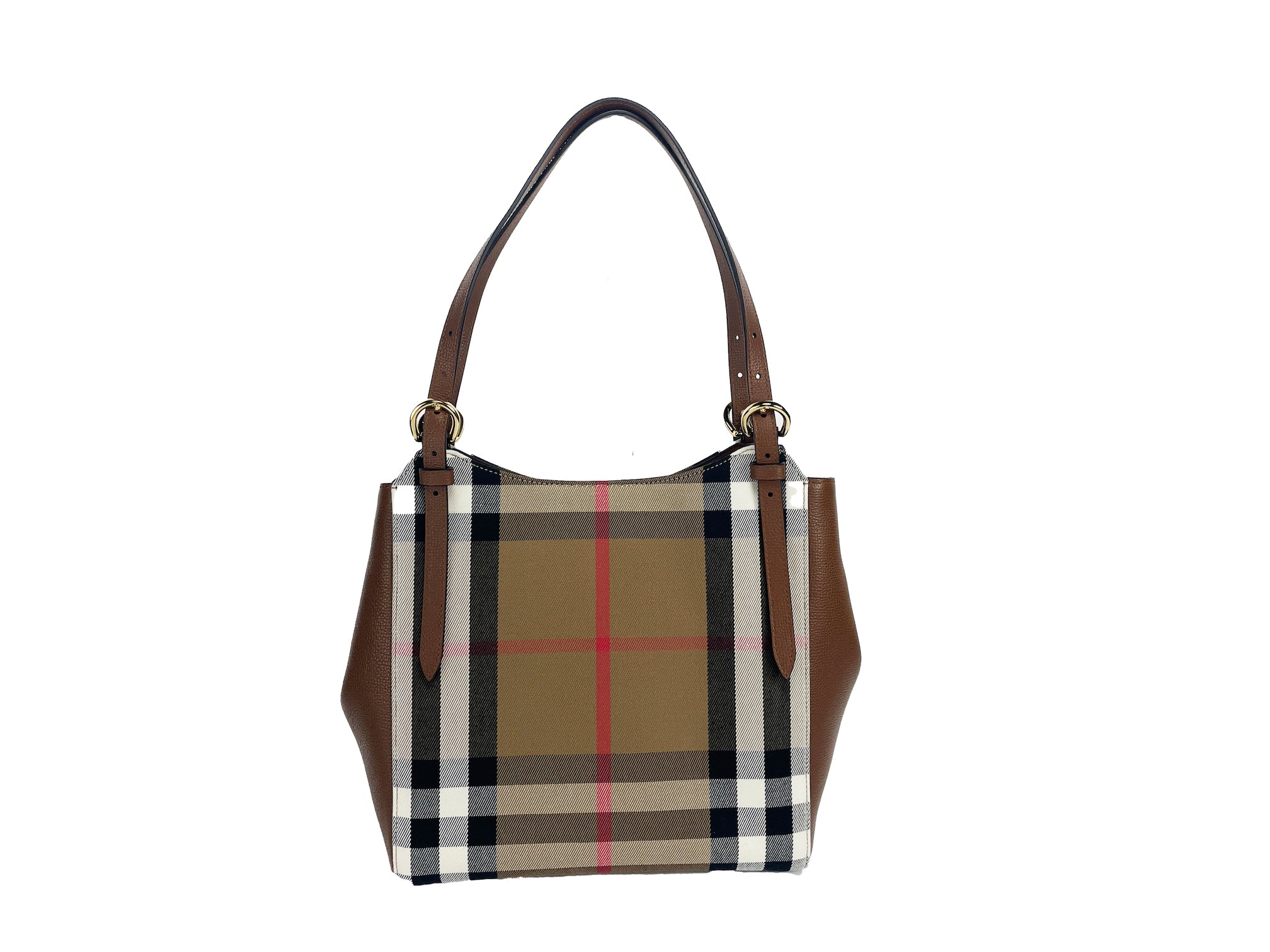 Small Canterby Tan Leather Check Canvas Tote Bag Purse - Divitiae Glamour