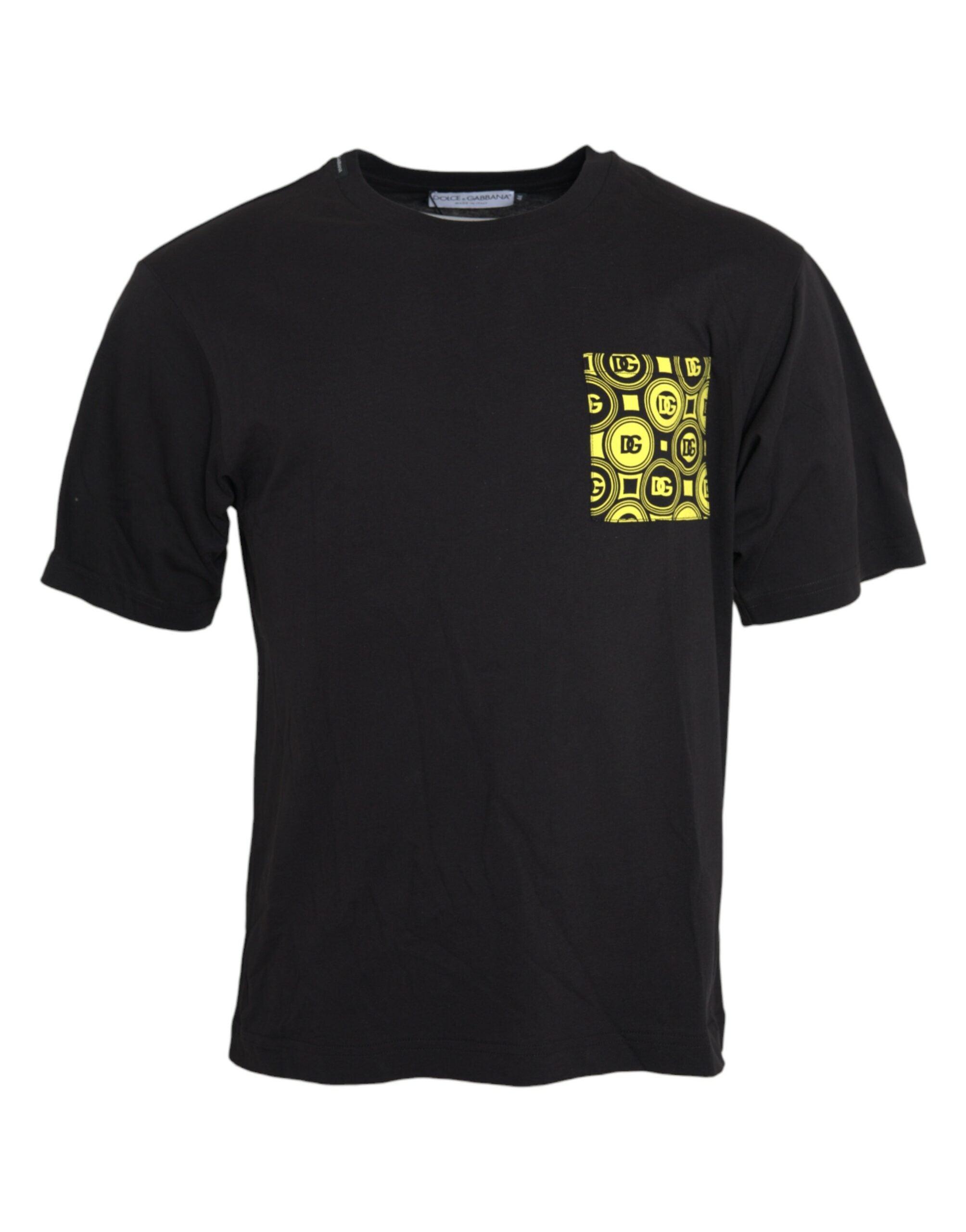 Black Printed Pocket Cotton Crewneck T-shirt - Divitiae Glamour