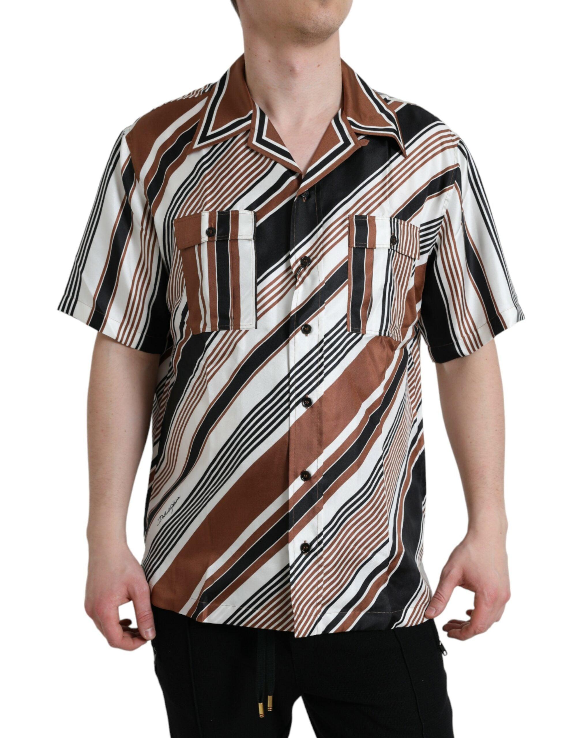 Brown White Silk Striped Short Sleeve Shirt - Divitiae Glamour