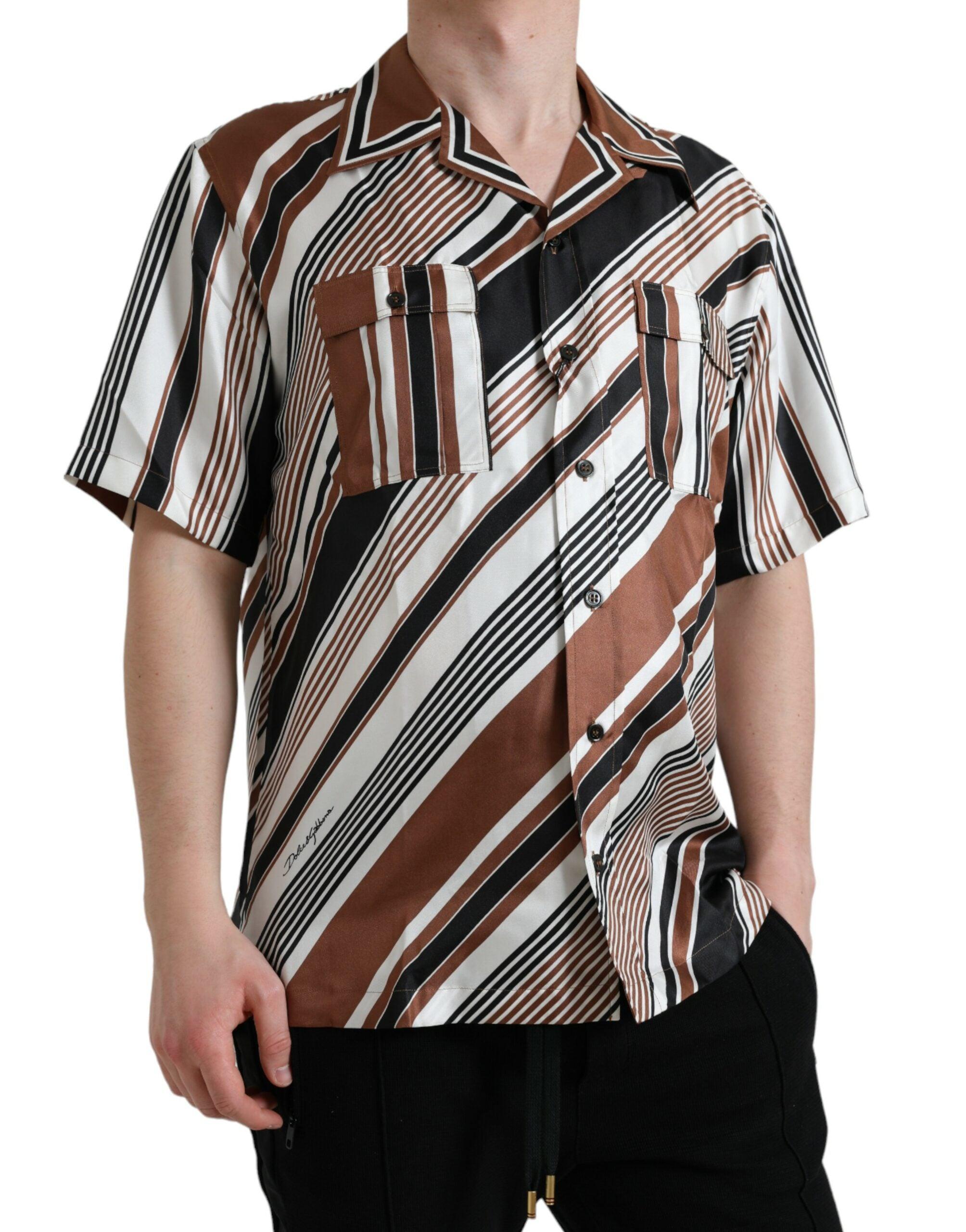 Brown White Silk Striped Short Sleeve Shirt - Divitiae Glamour
