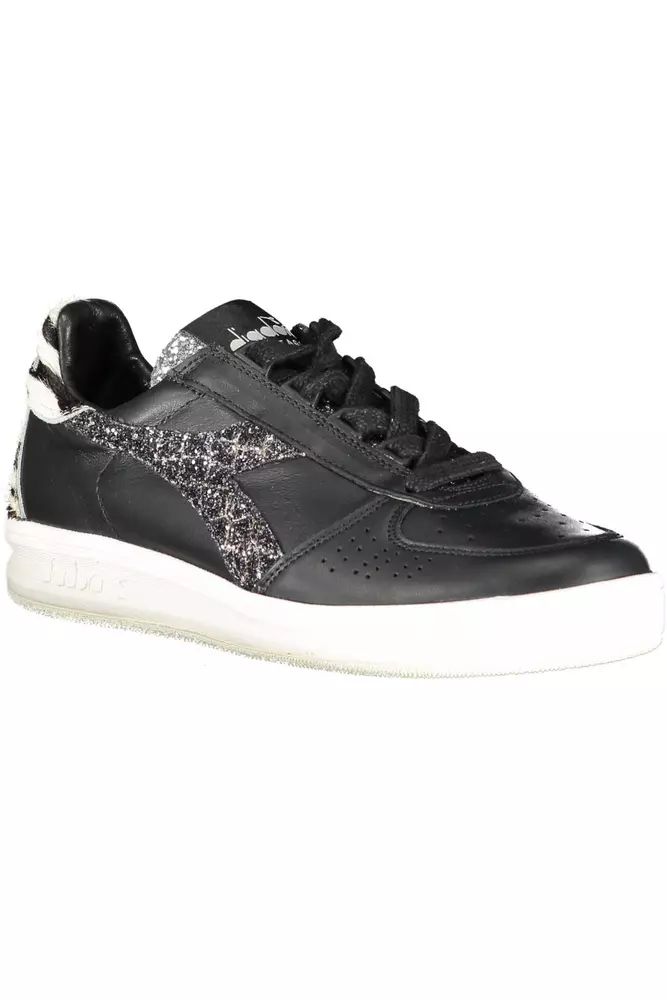 Sleek Black Leather Sneakers with Contrast Accents - Divitiae Glamour