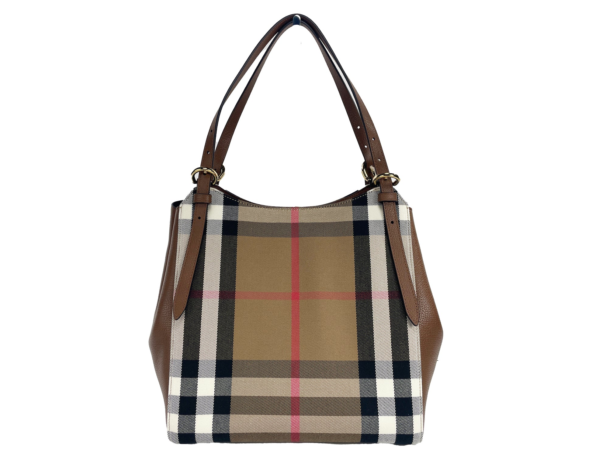 Small Canterby Tan Leather Check Canvas Tote Bag Purse - Divitiae Glamour