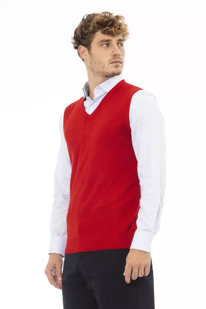 Elegant V-Neck Red Vest in Fine Rib Knit - Divitiae Glamour