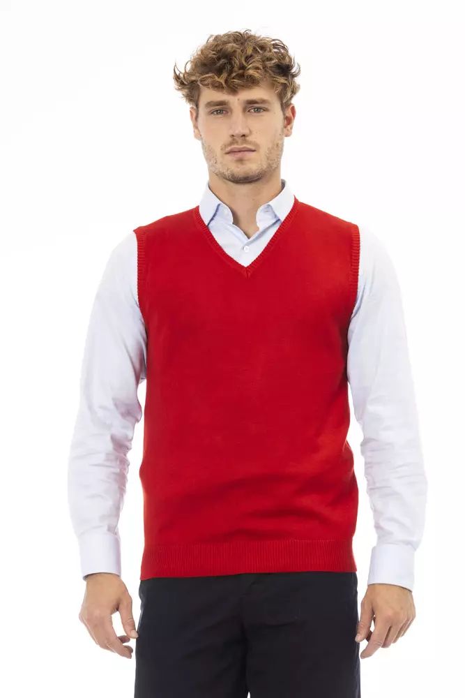 Elegant V-Neck Red Vest in Fine Rib Knit - Divitiae Glamour