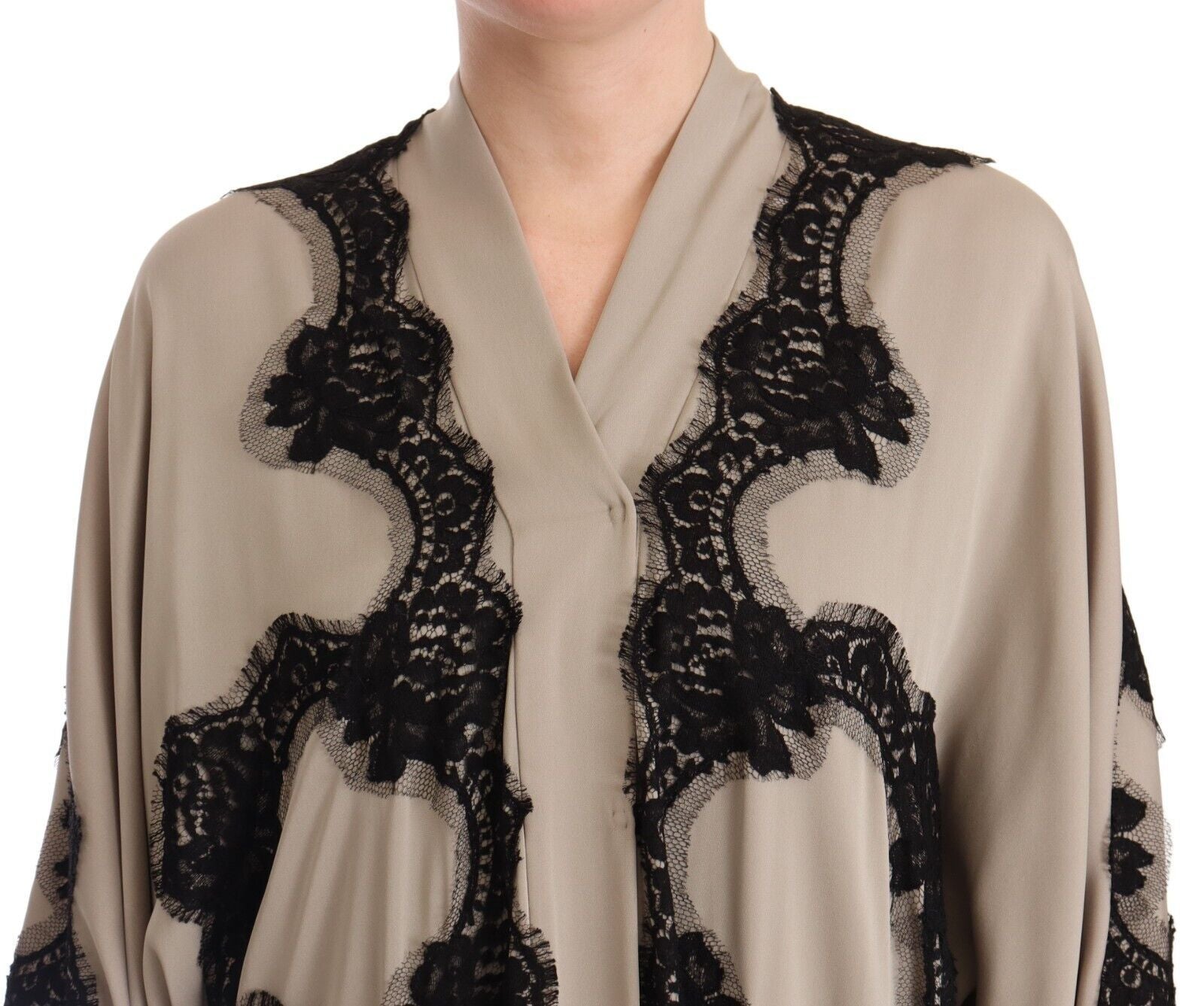 Elegant Beige Embroidered Lace Kaftan Dress - Divitiae Glamour