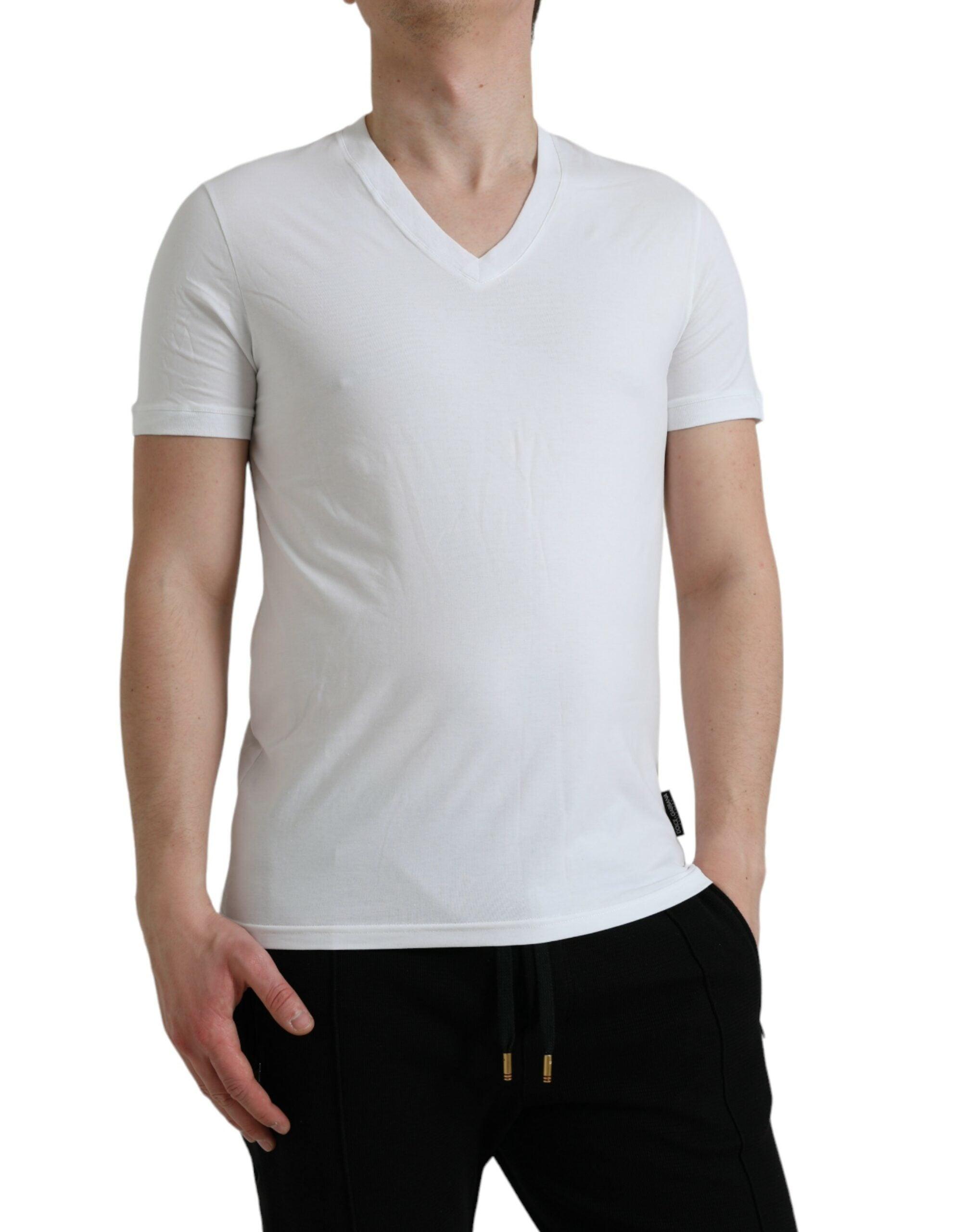 White Cotton V-neck Short Sleeve Underwear T-shirt - Divitiae Glamour