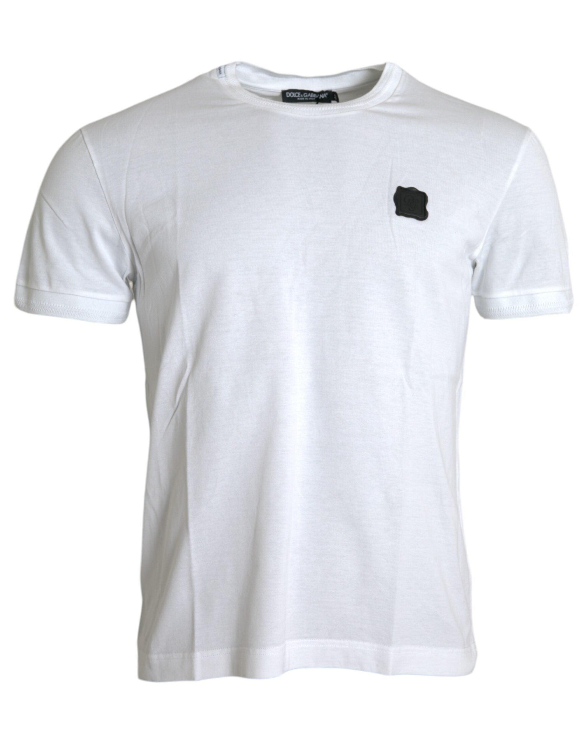 White Logo Patch Cotton Crew Neck T-shirt - Divitiae Glamour