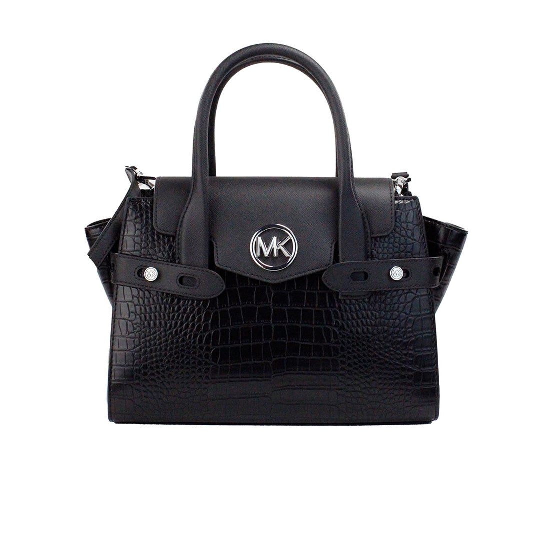 Carmen Medium Black Embossed Leather Satchel Purse Bag - Divitiae Glamour